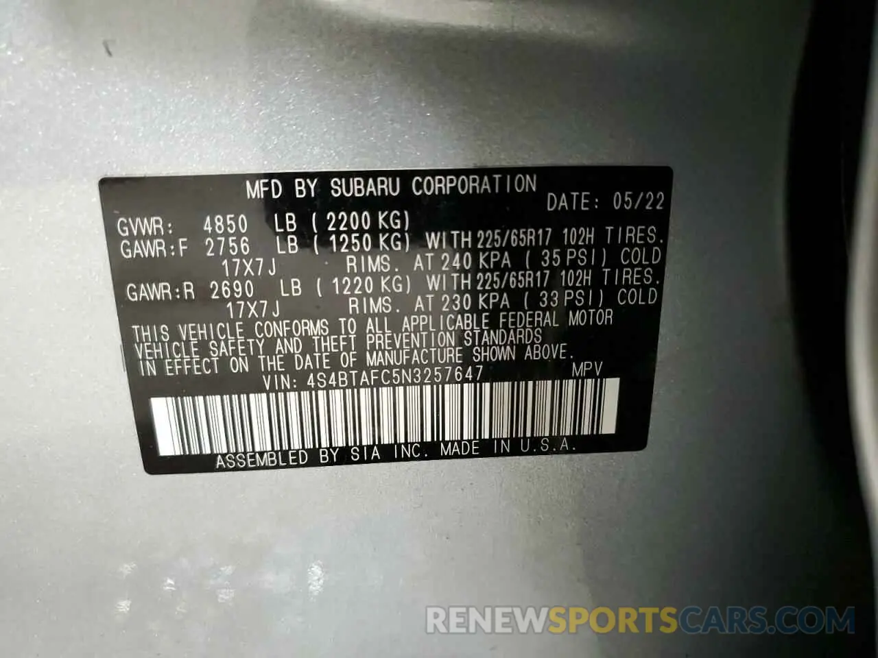 14 Photograph of a damaged car 4S4BTAFC5N3257647 SUBARU OUTBACK 2022