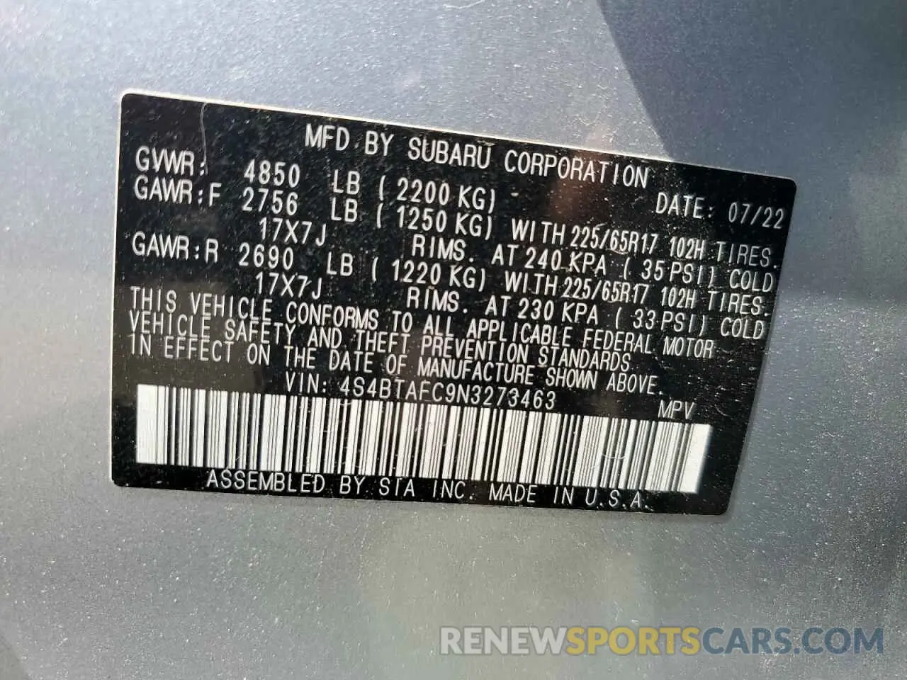 13 Photograph of a damaged car 4S4BTAFC9N3273463 SUBARU OUTBACK 2022