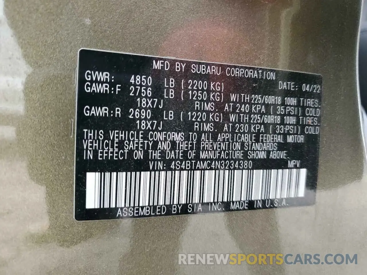 12 Photograph of a damaged car 4S4BTAMC4N3234380 SUBARU OUTBACK 2022