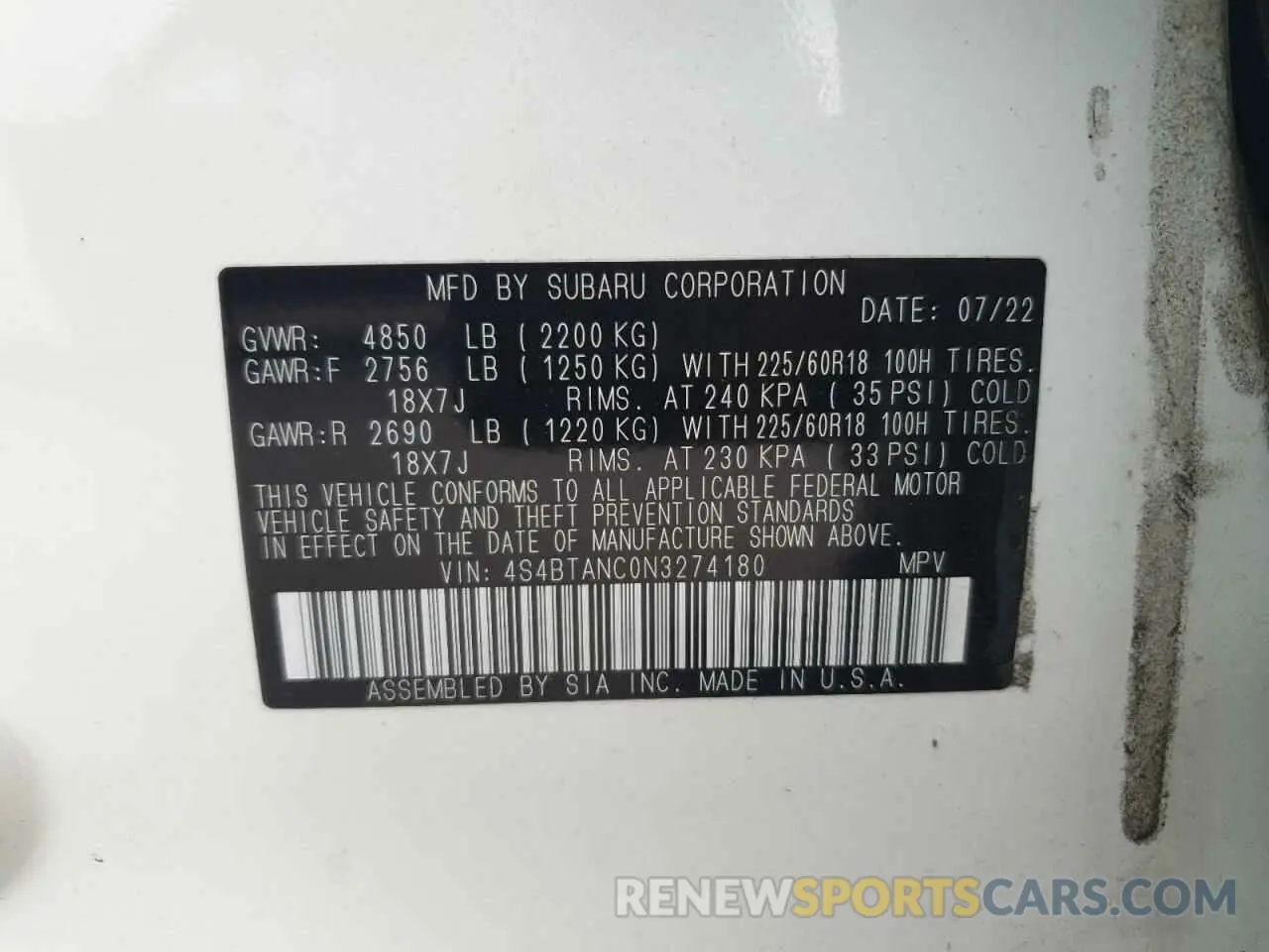 12 Photograph of a damaged car 4S4BTANC0N3274180 SUBARU OUTBACK 2022