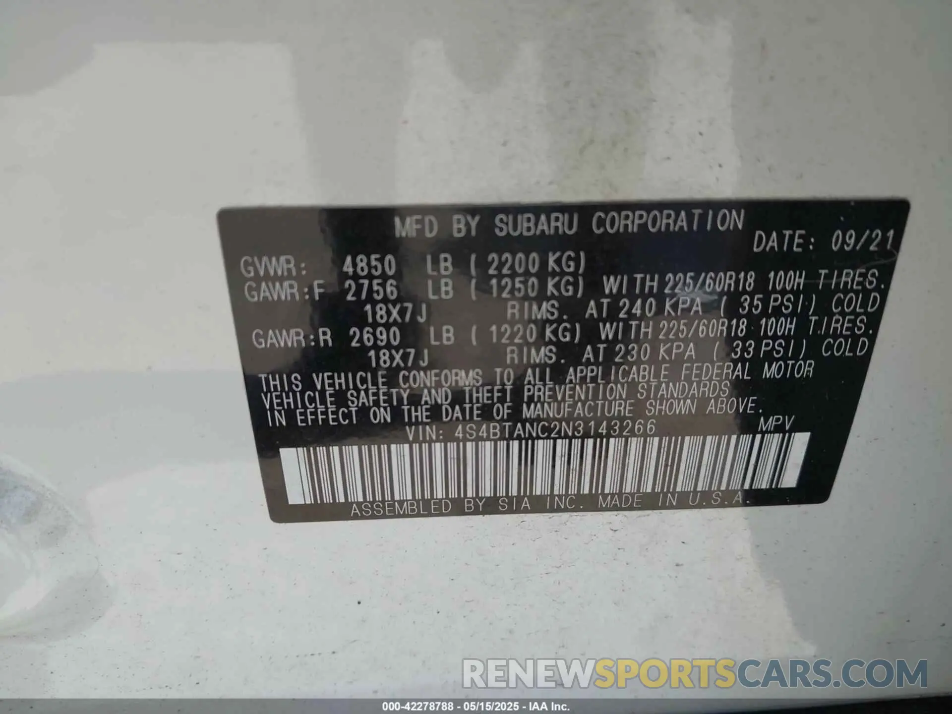 9 Photograph of a damaged car 4S4BTANC2N3143266 SUBARU OUTBACK 2022