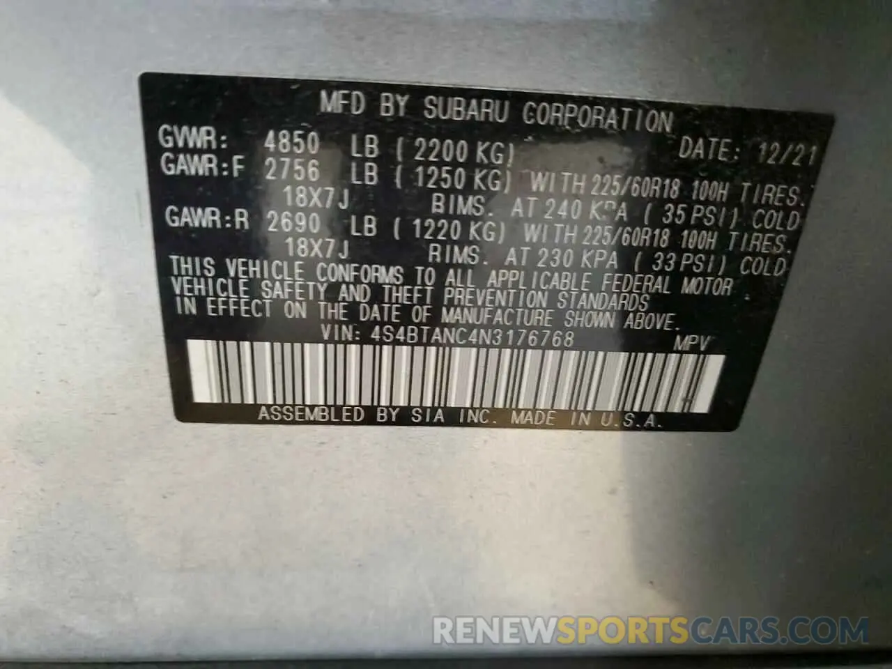 14 Photograph of a damaged car 4S4BTANC4N3176768 SUBARU OUTBACK 2022