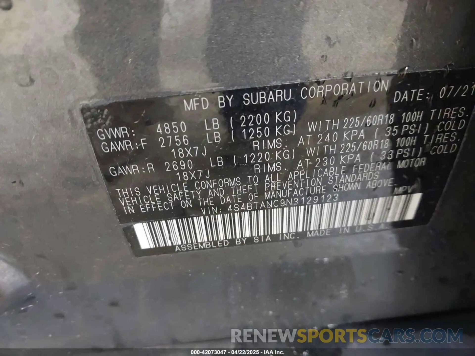 9 Photograph of a damaged car 4S4BTANC9N3129123 SUBARU OUTBACK 2022