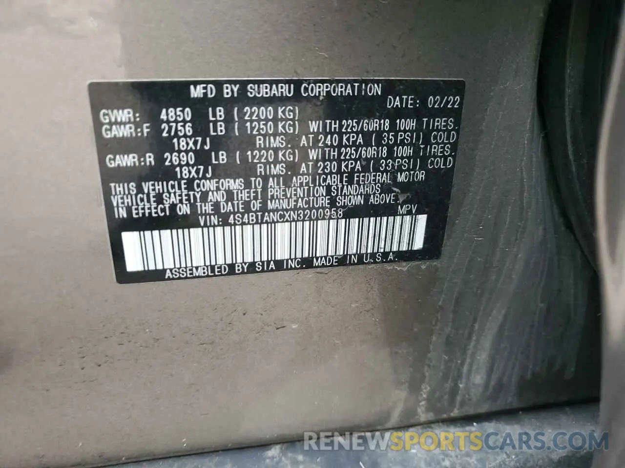 14 Photograph of a damaged car 4S4BTANCXN3200958 SUBARU OUTBACK 2022