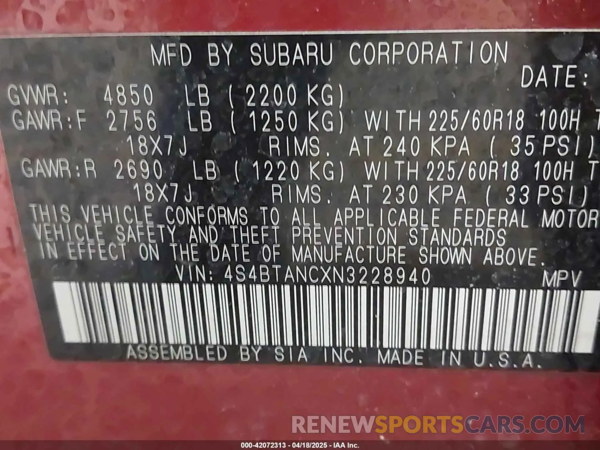 9 Photograph of a damaged car 4S4BTANCXN3228940 SUBARU OUTBACK 2022