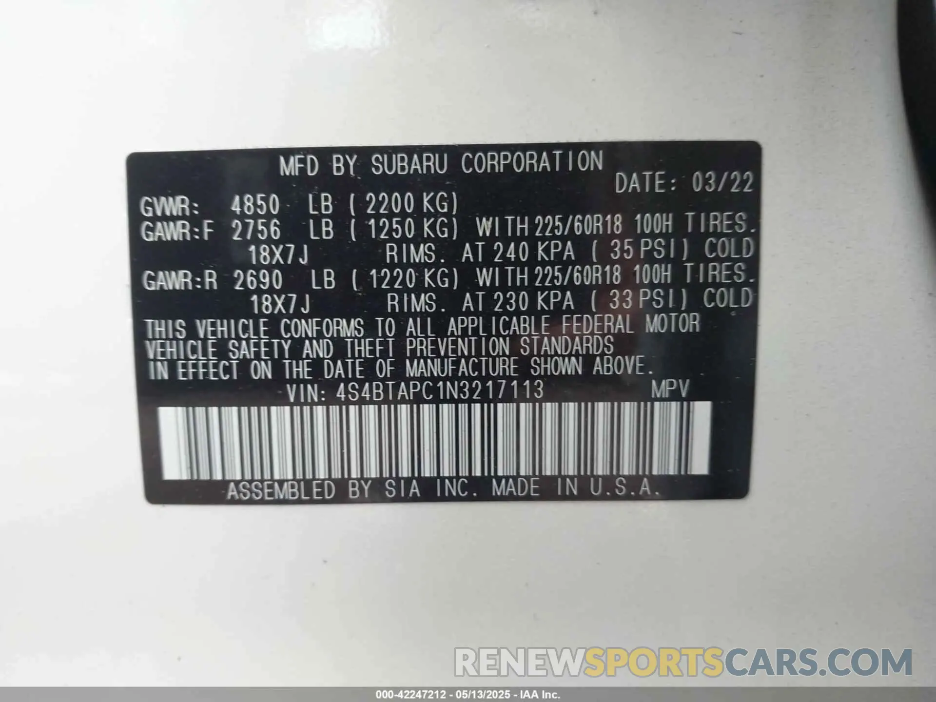 9 Photograph of a damaged car 4S4BTAPC1N3217113 SUBARU OUTBACK 2022