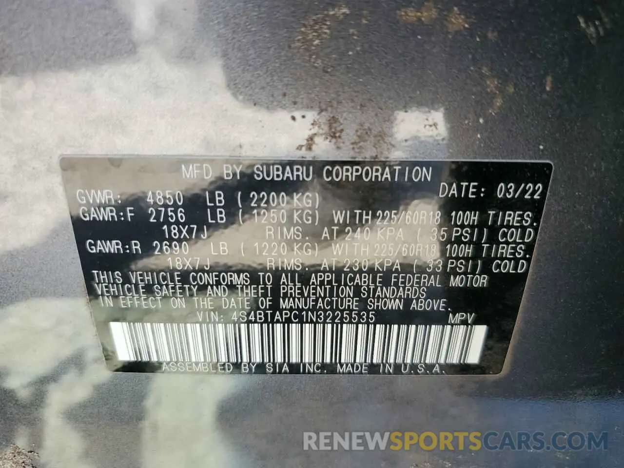 12 Photograph of a damaged car 4S4BTAPC1N3225535 SUBARU OUTBACK 2022
