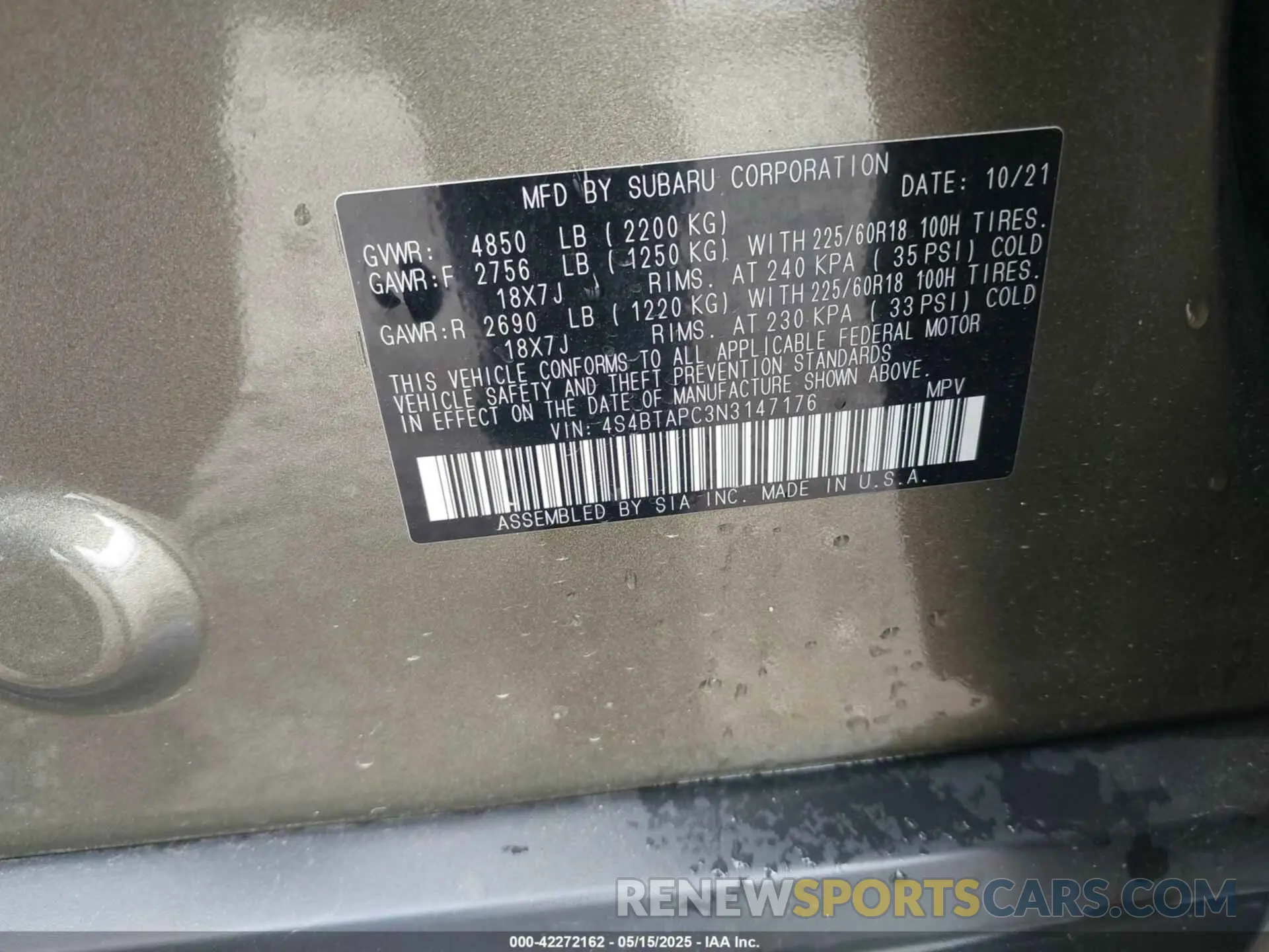 9 Photograph of a damaged car 4S4BTAPC3N3147176 SUBARU OUTBACK 2022