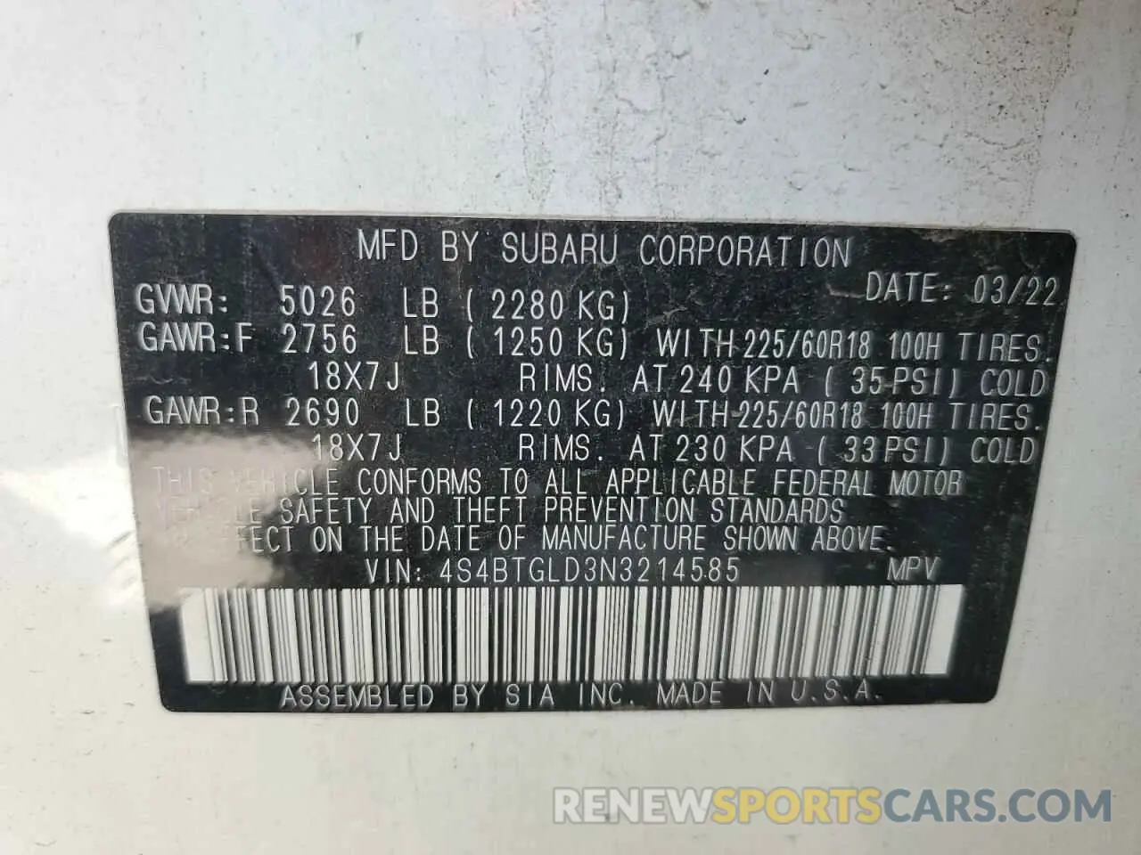12 Photograph of a damaged car 4S4BTGLD3N3214585 SUBARU OUTBACK 2022