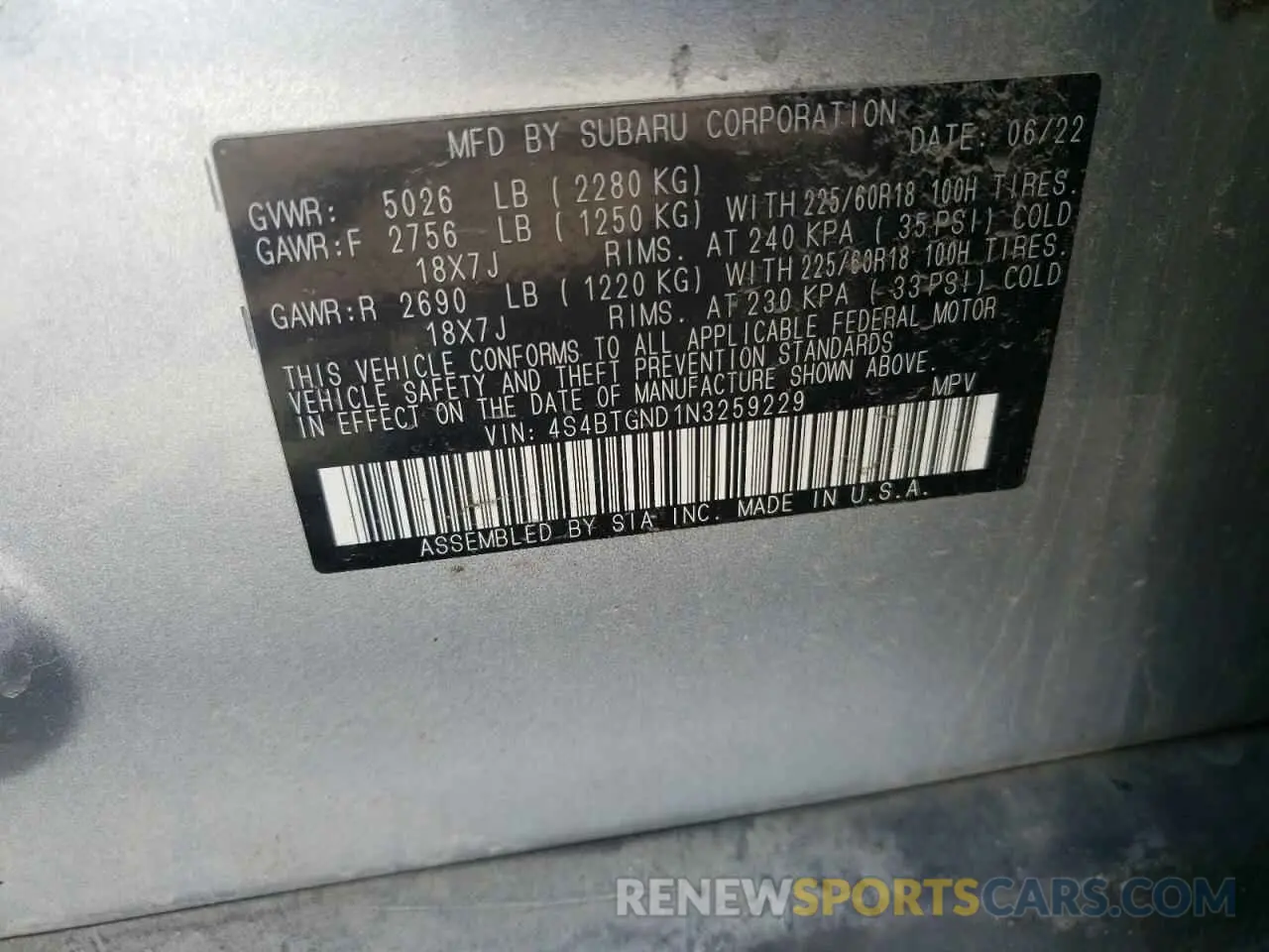 12 Photograph of a damaged car 4S4BTGND1N3259229 SUBARU OUTBACK 2022