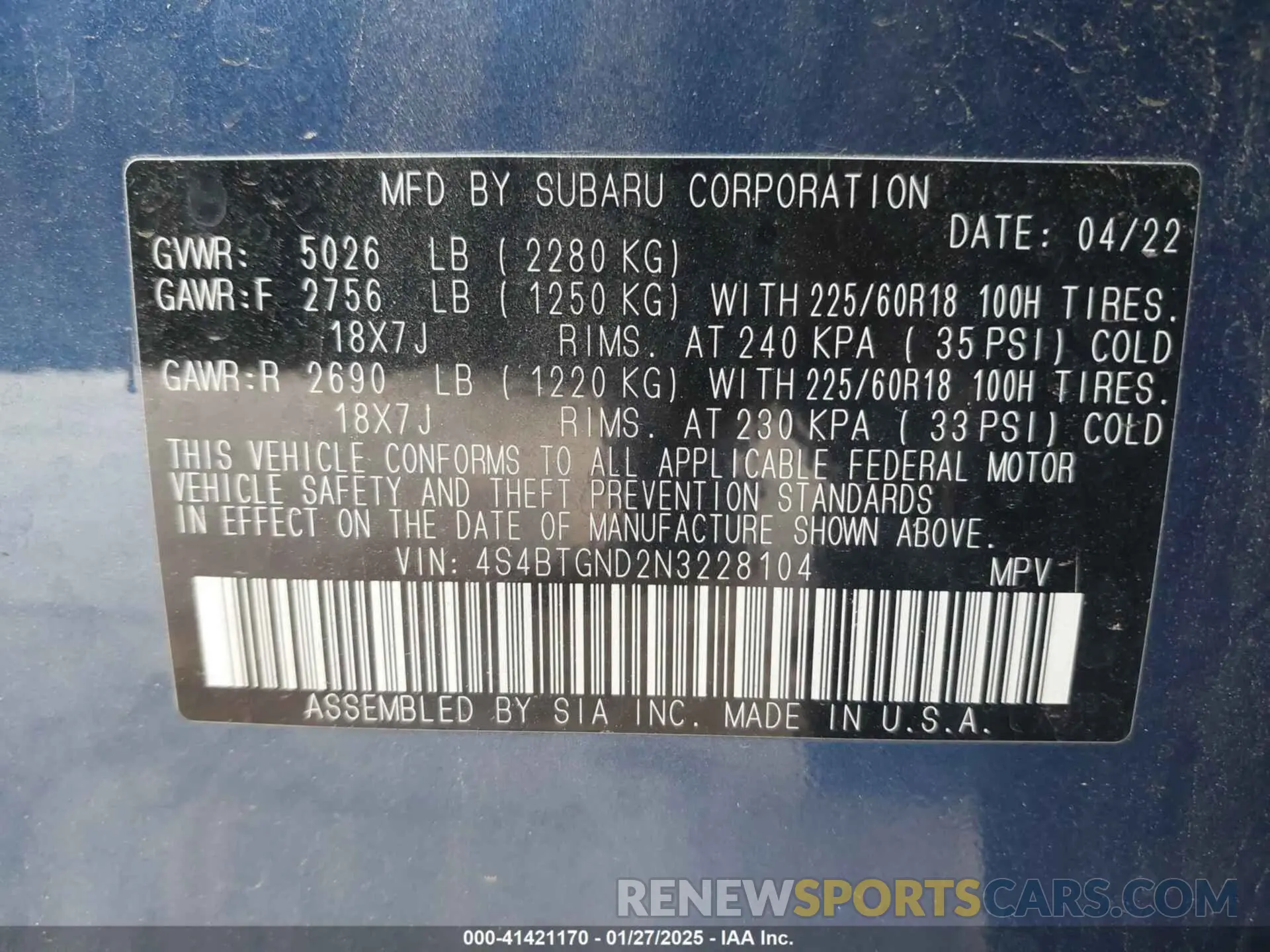 9 Photograph of a damaged car 4S4BTGND2N3228104 SUBARU OUTBACK 2022