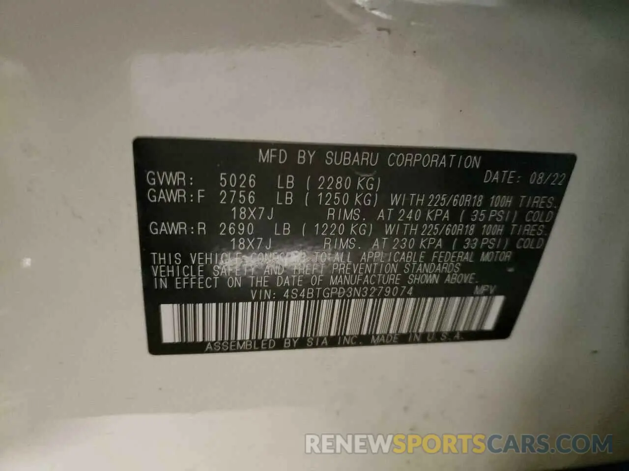 15 Photograph of a damaged car 4S4BTGPD3N3279074 SUBARU OUTBACK 2022