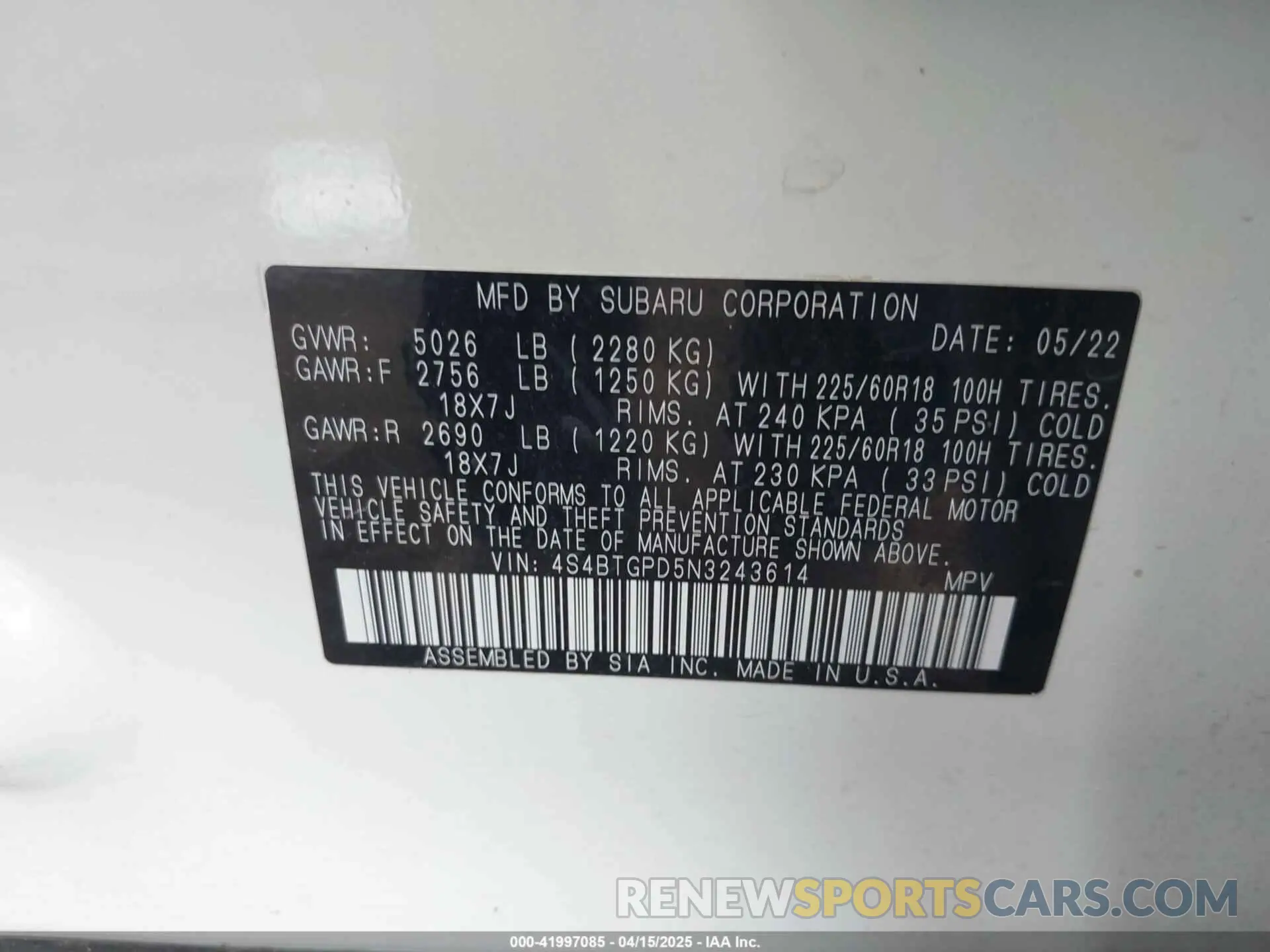 9 Photograph of a damaged car 4S4BTGPD5N3243614 SUBARU OUTBACK 2022