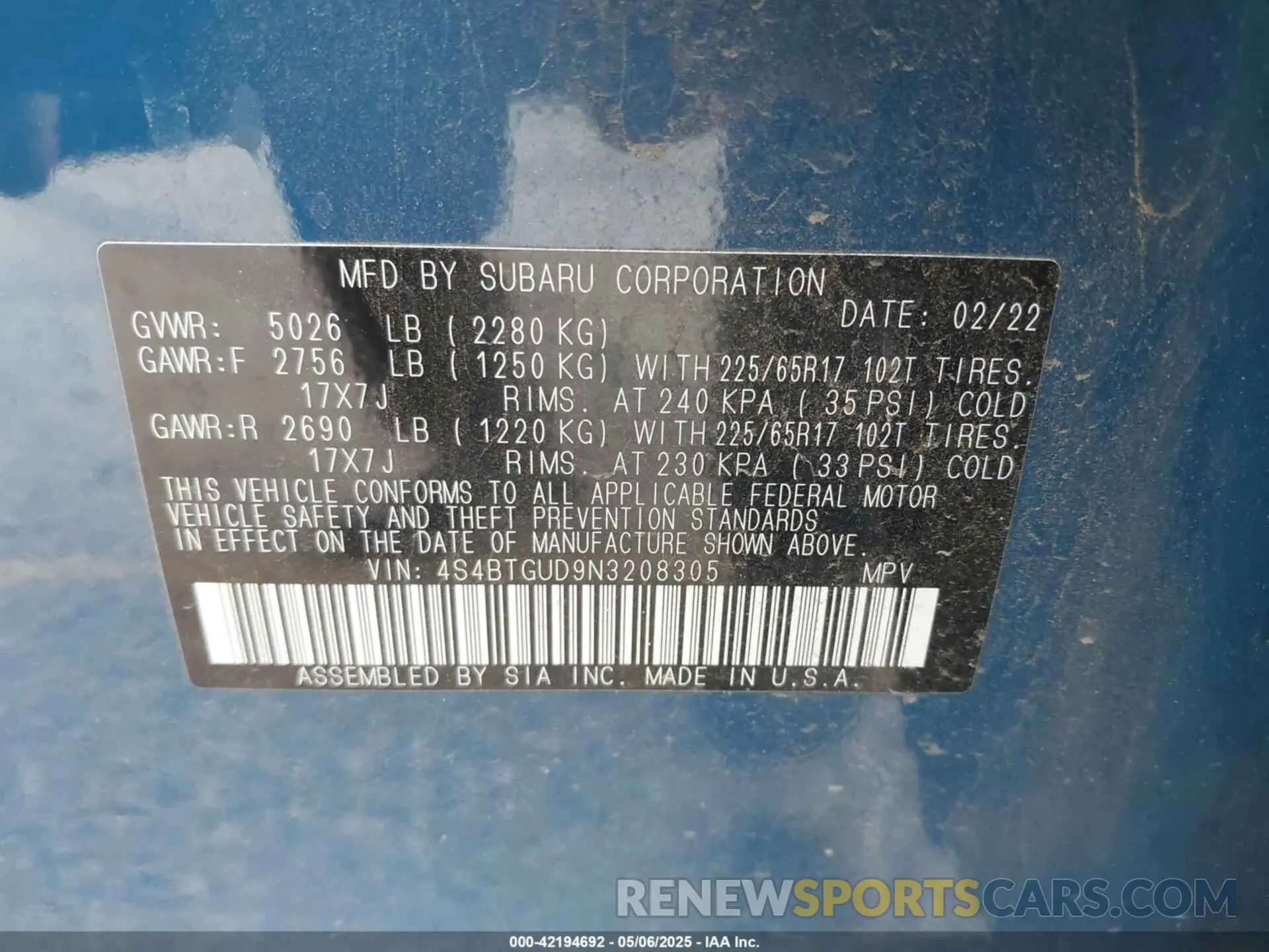 9 Photograph of a damaged car 4S4BTGUD9N3208305 SUBARU OUTBACK 2022