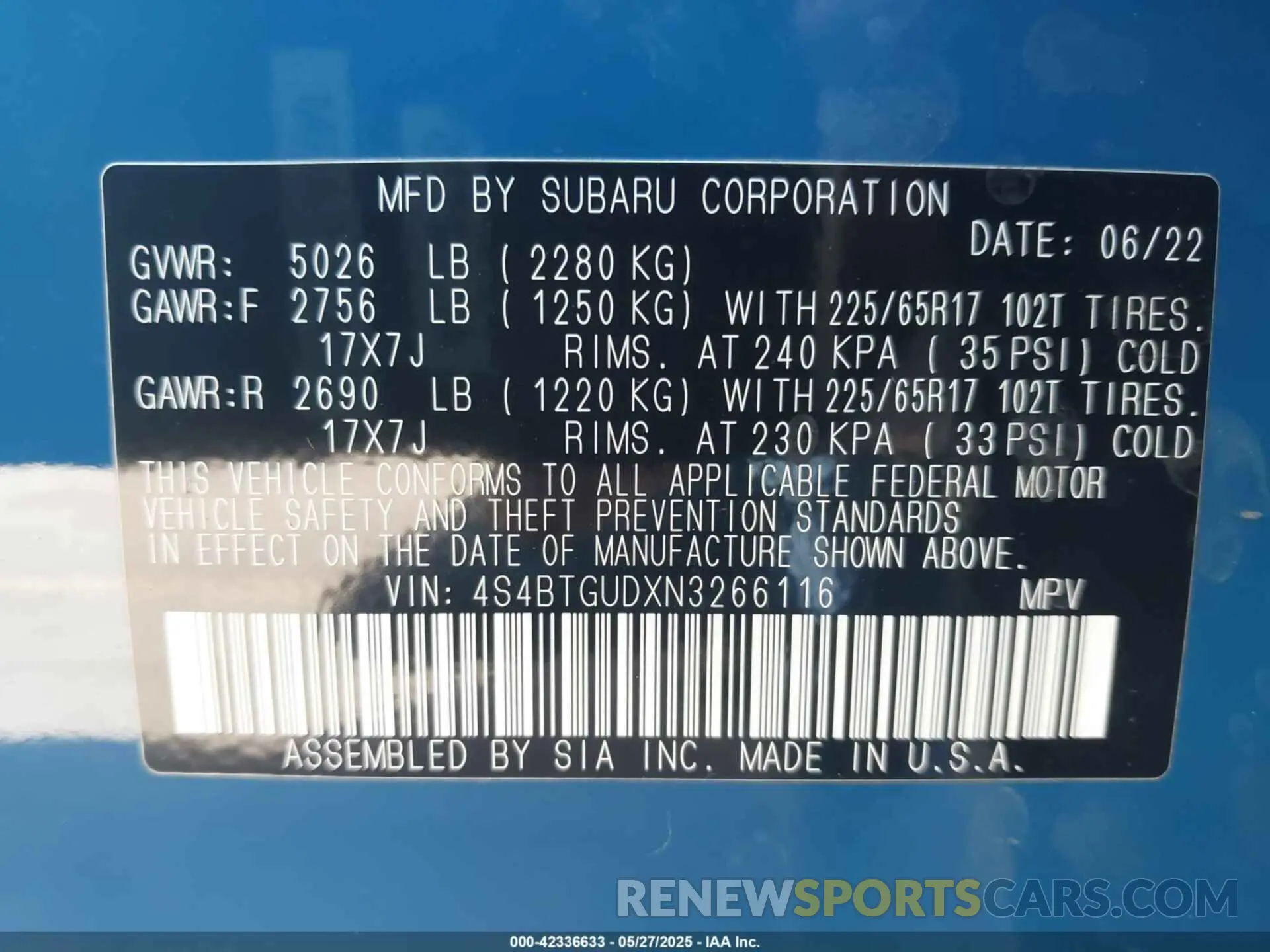 9 Photograph of a damaged car 4S4BTGUDXN3266116 SUBARU OUTBACK 2022