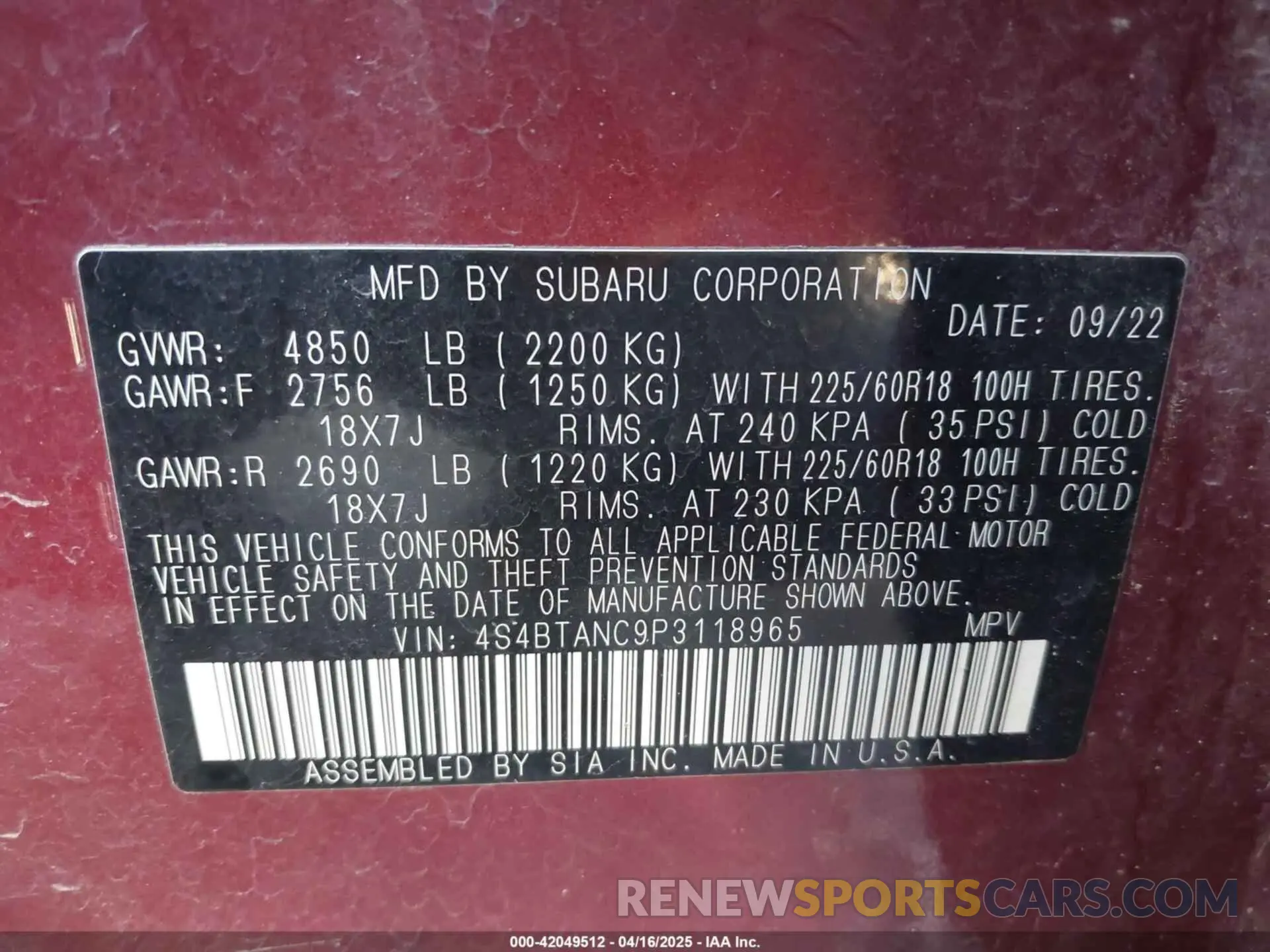 9 Photograph of a damaged car 4S4BTANC9P3118965 SUBARU OUTBACK 2023