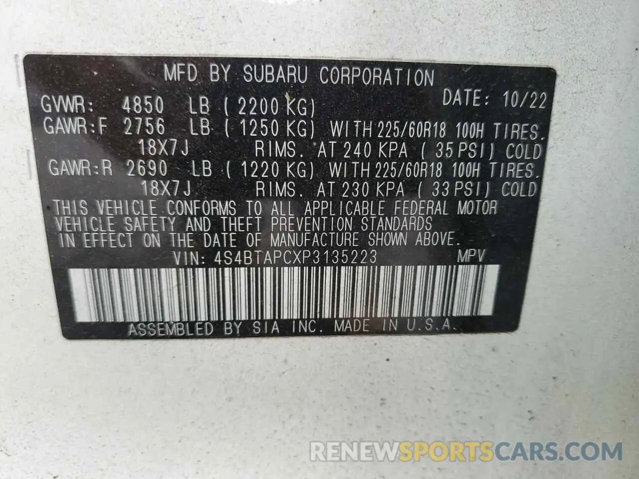 12 Photograph of a damaged car 4S4BTAPCXP3135223 SUBARU OUTBACK 2023