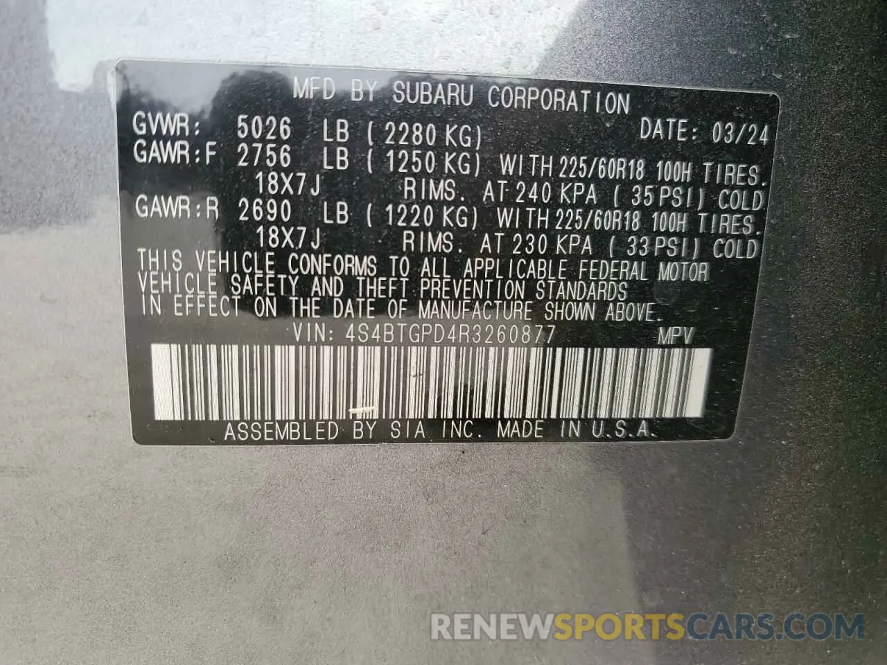 14 Photograph of a damaged car 4S4BTGPD4R3260877 SUBARU OUTBACK 2024