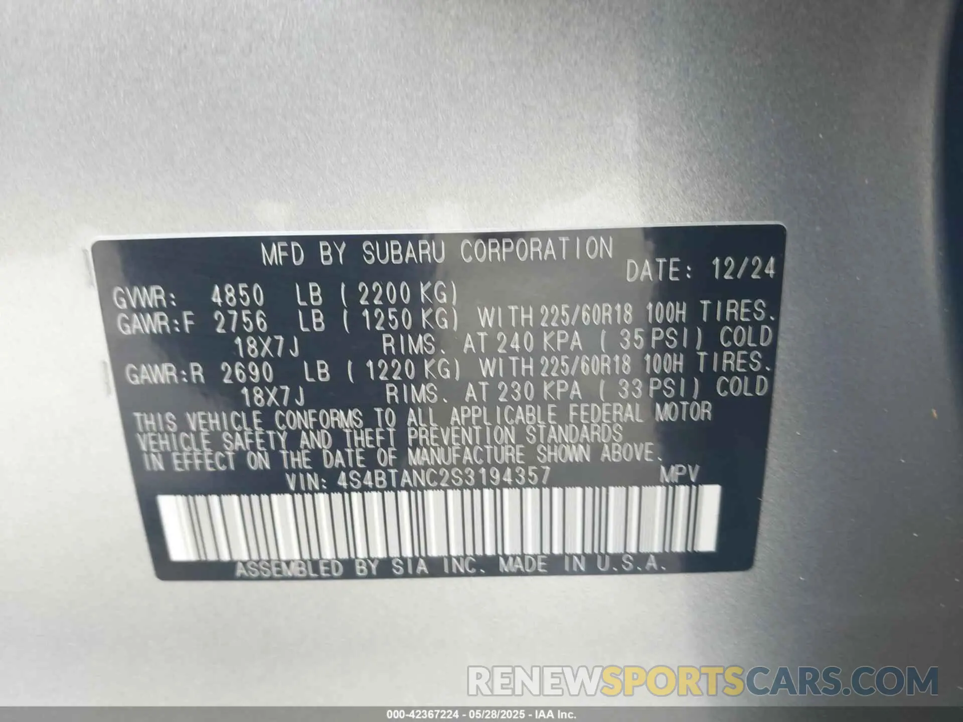 9 Photograph of a damaged car 4S4BTANC2S3194357 SUBARU OUTBACK 2025