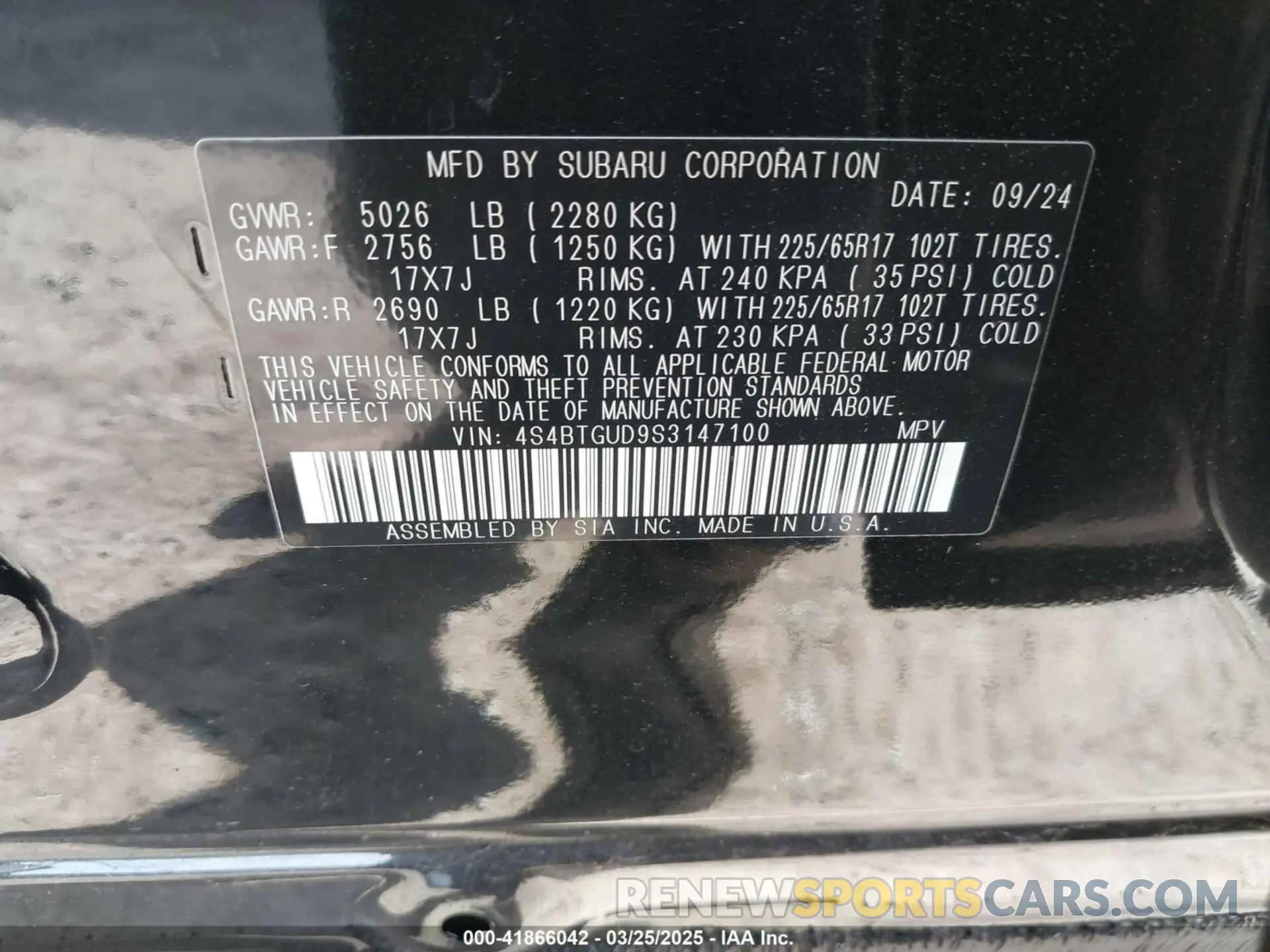 9 Photograph of a damaged car 4S4BTGUD9S3147100 SUBARU OUTBACK 2025