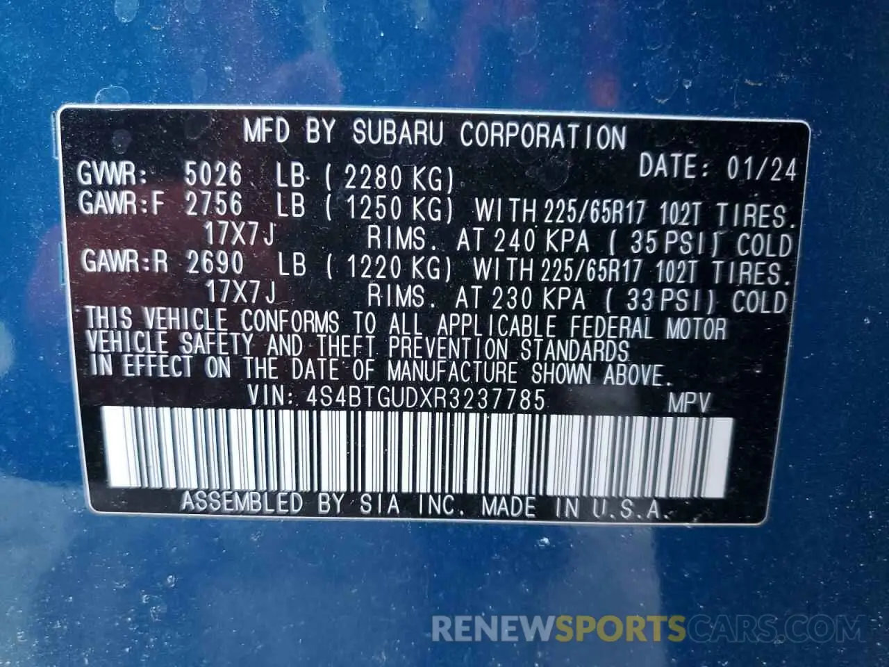 12 Photograph of a damaged car 4S4BTGUDXR3237785 SUBARU OUTBACK WI 2024