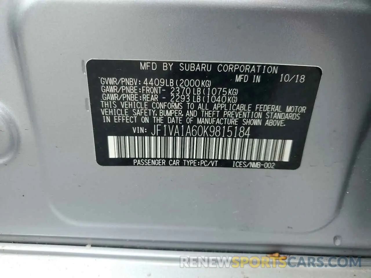 12 Photograph of a damaged car JF1VA1A60K9815184 SUBARU WRX 2019