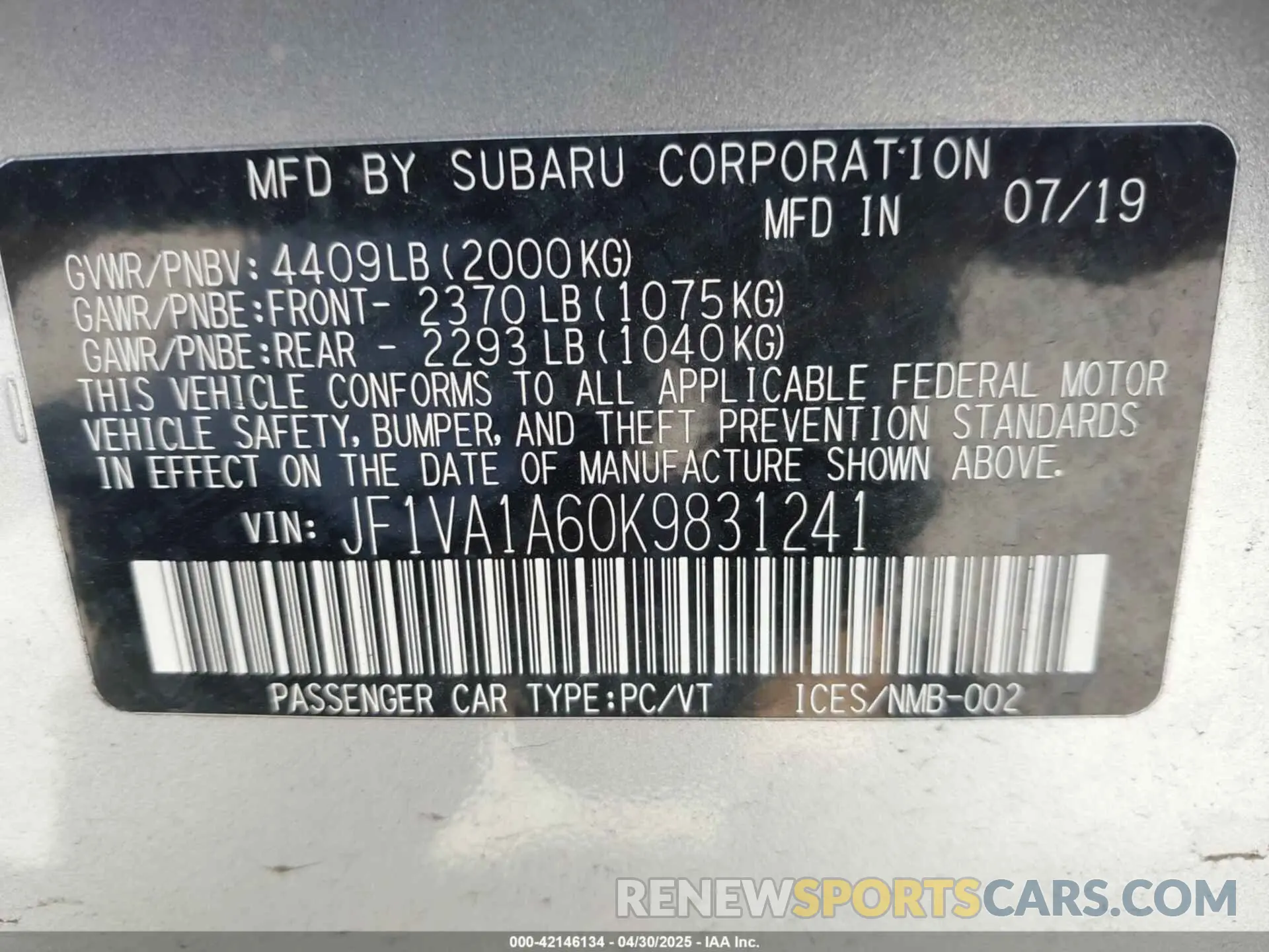 9 Photograph of a damaged car JF1VA1A60K9831241 SUBARU WRX 2019