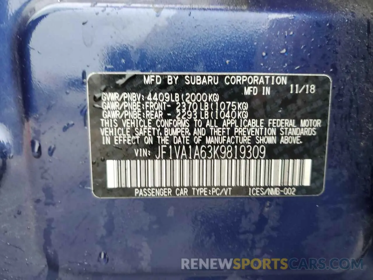 13 Photograph of a damaged car JF1VA1A63K9819309 SUBARU WRX 2019