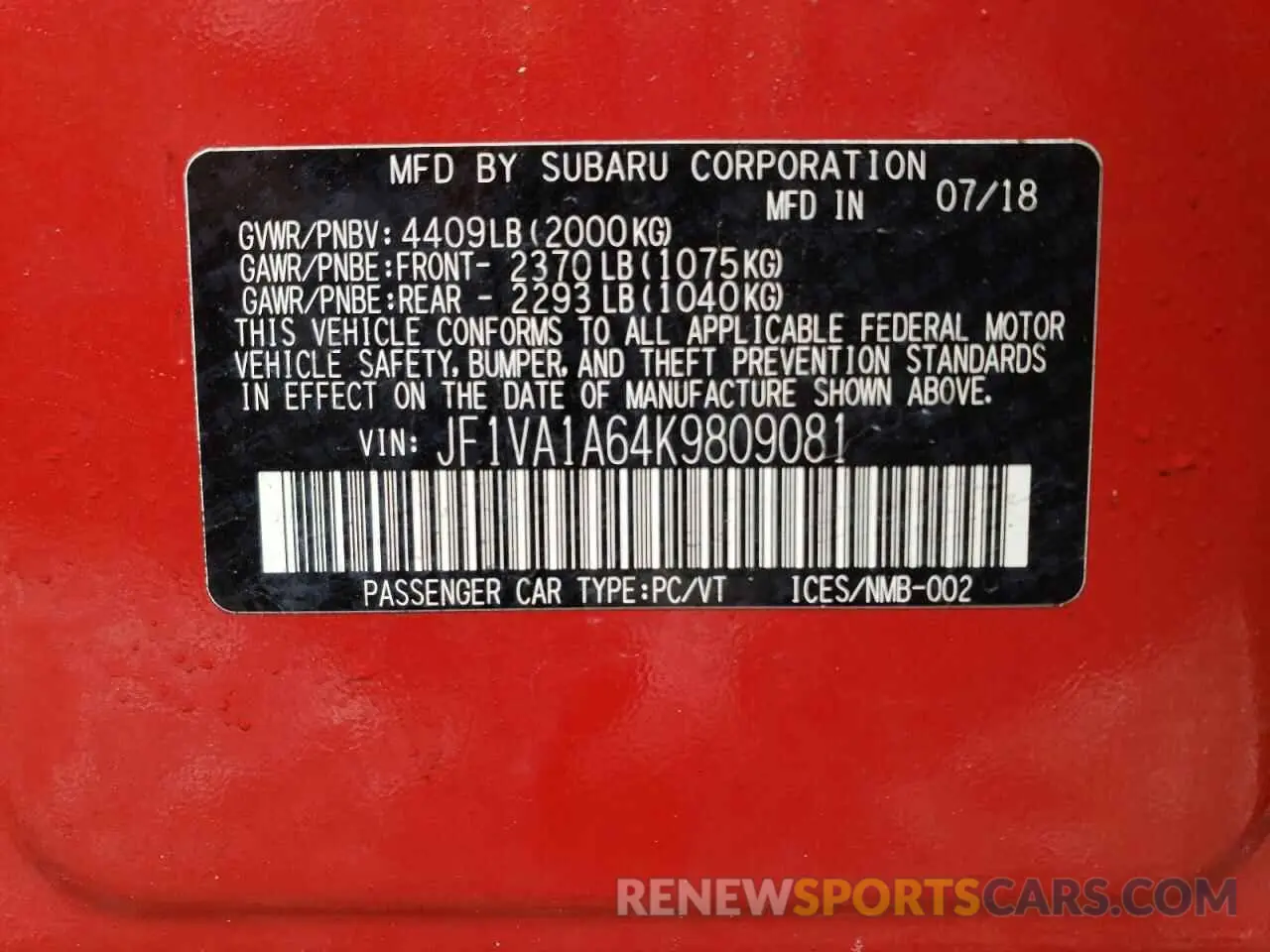 12 Photograph of a damaged car JF1VA1A64K9809081 SUBARU WRX 2019