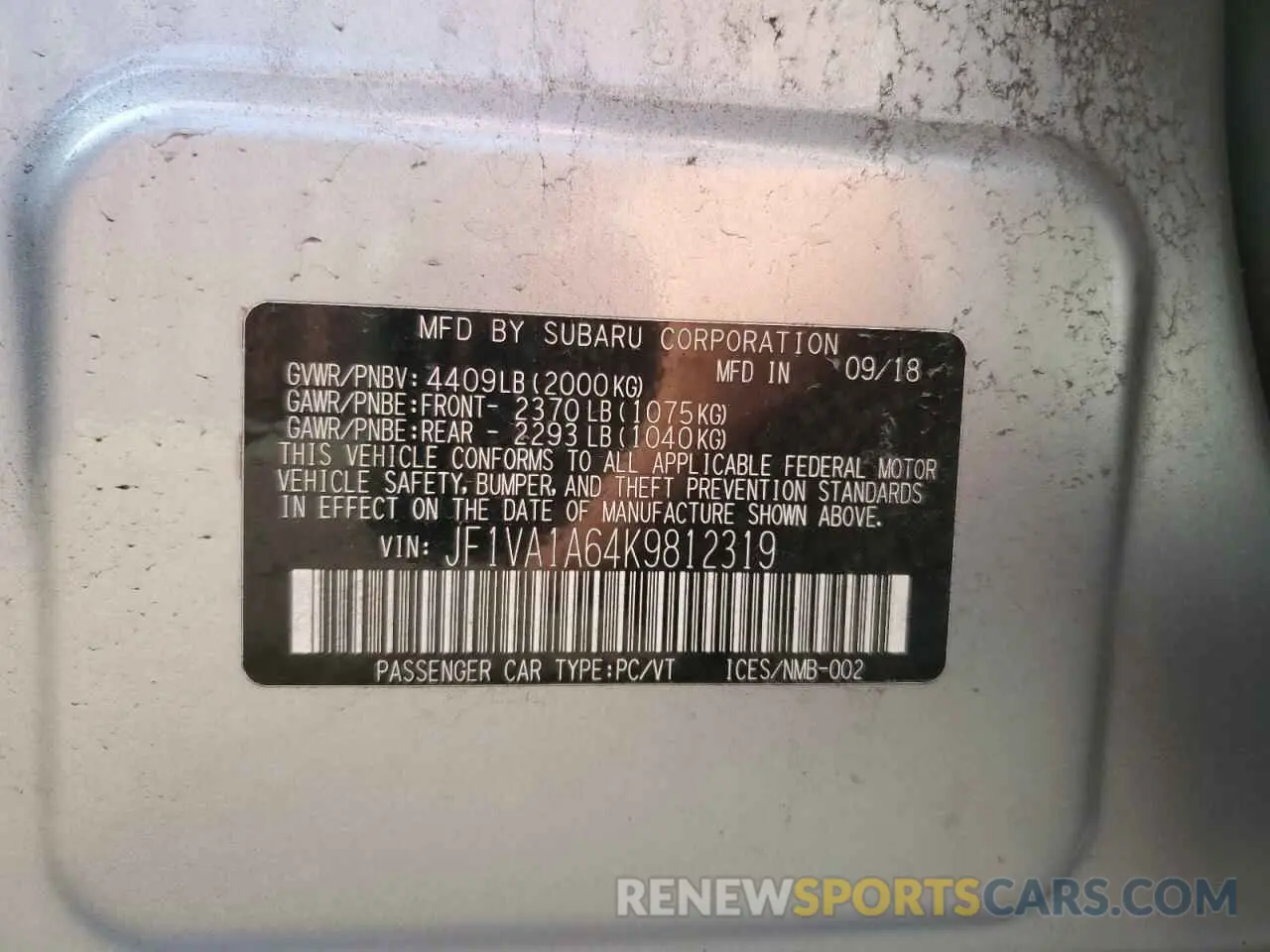 12 Photograph of a damaged car JF1VA1A64K9812319 SUBARU WRX 2019