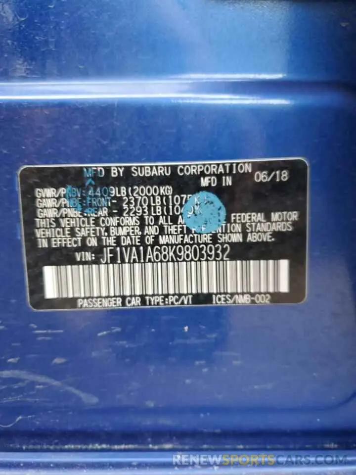 14 Photograph of a damaged car JF1VA1A68K9803932 SUBARU WRX 2019