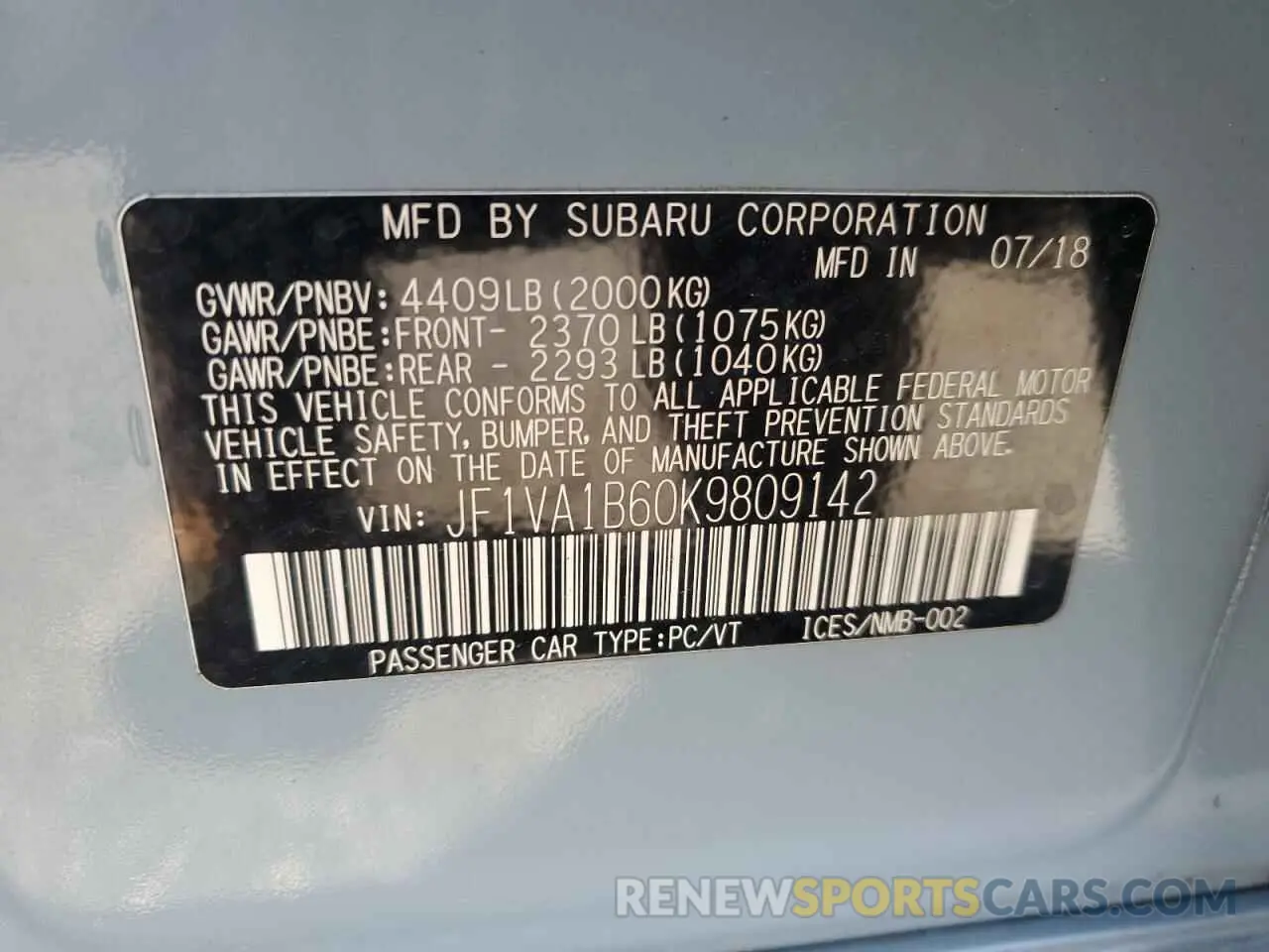 12 Photograph of a damaged car JF1VA1B60K9809142 SUBARU WRX 2019