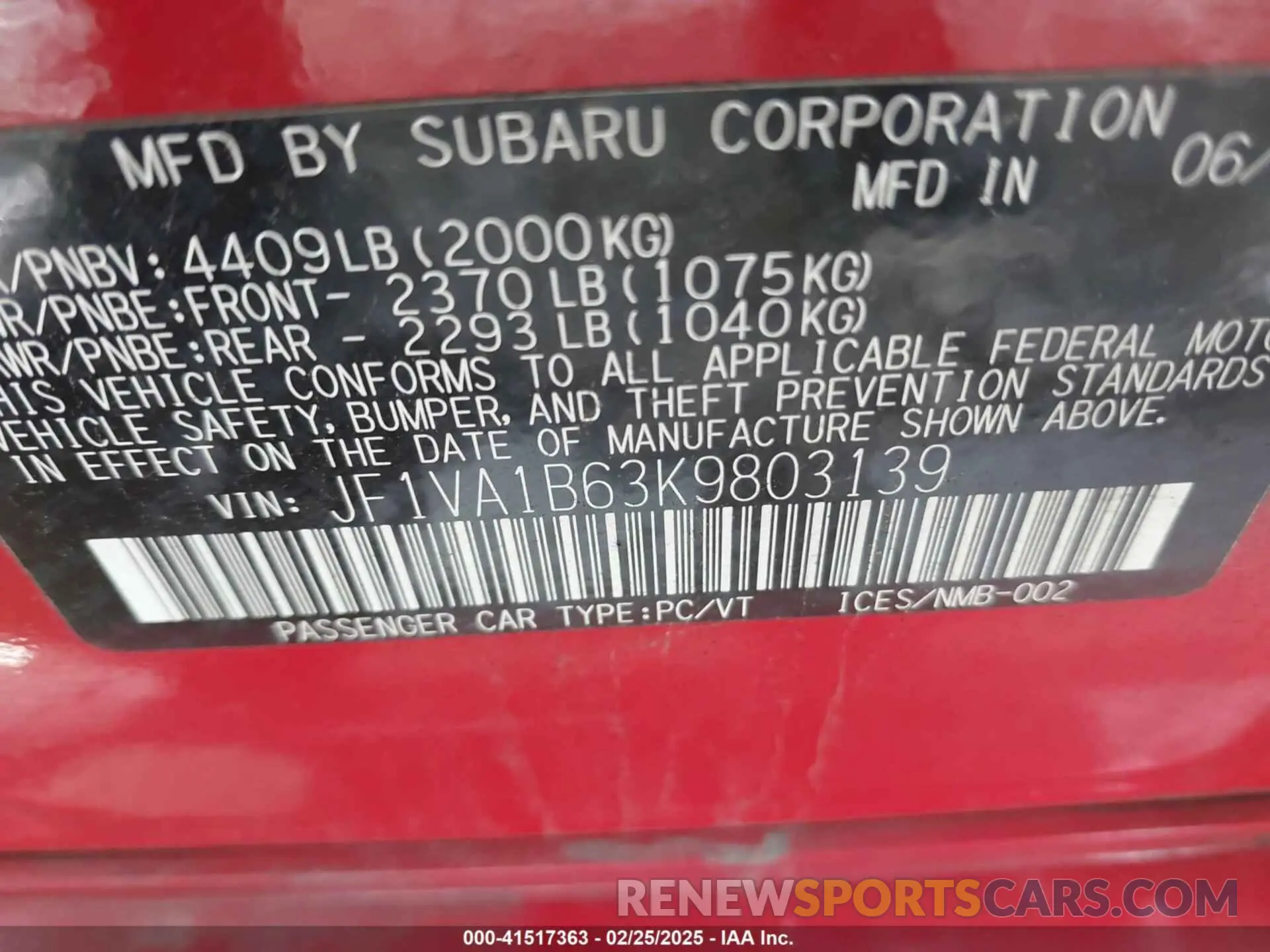 9 Photograph of a damaged car JF1VA1B63K9803139 SUBARU WRX 2019