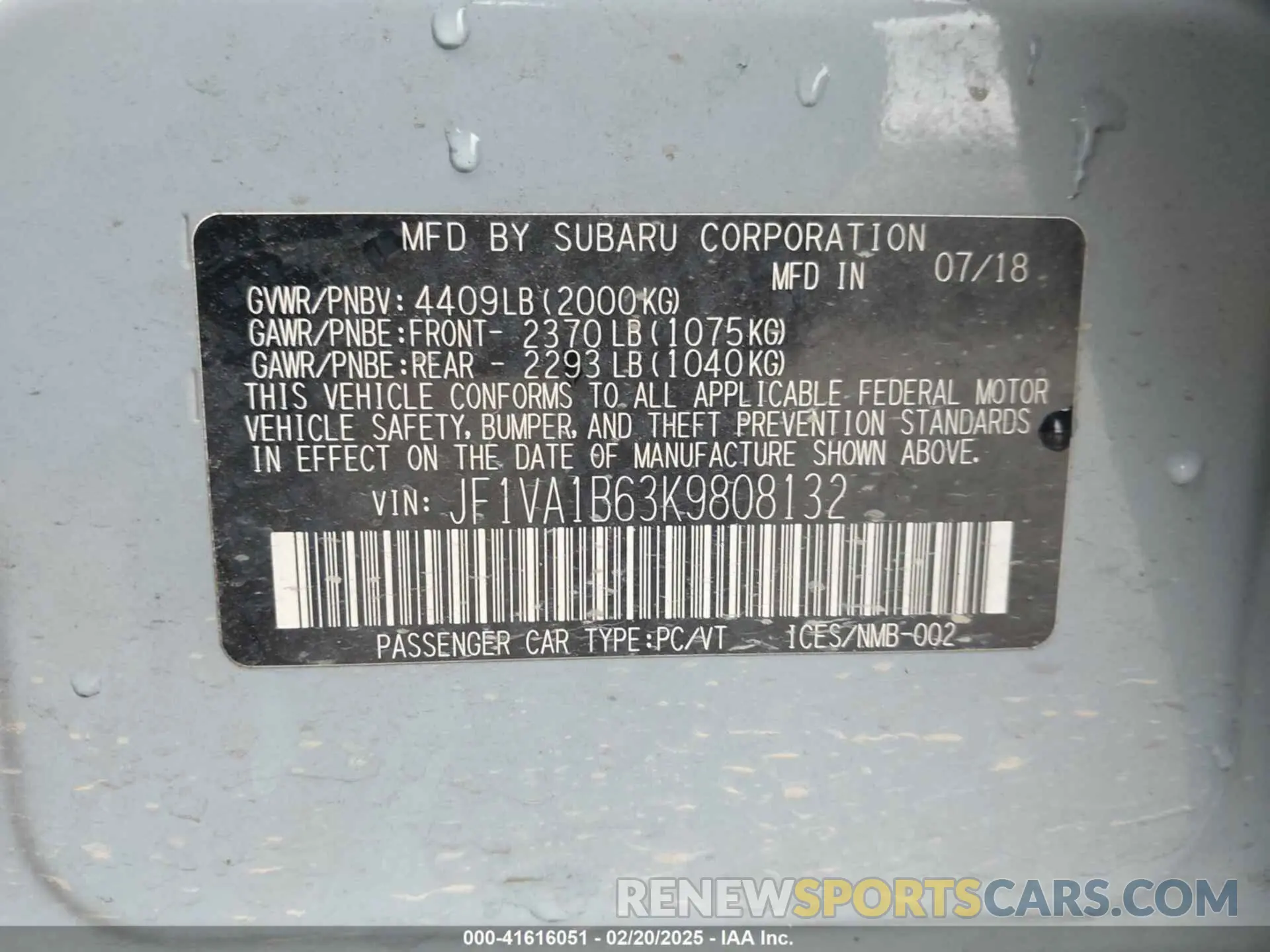 9 Photograph of a damaged car JF1VA1B63K9808132 SUBARU WRX 2019