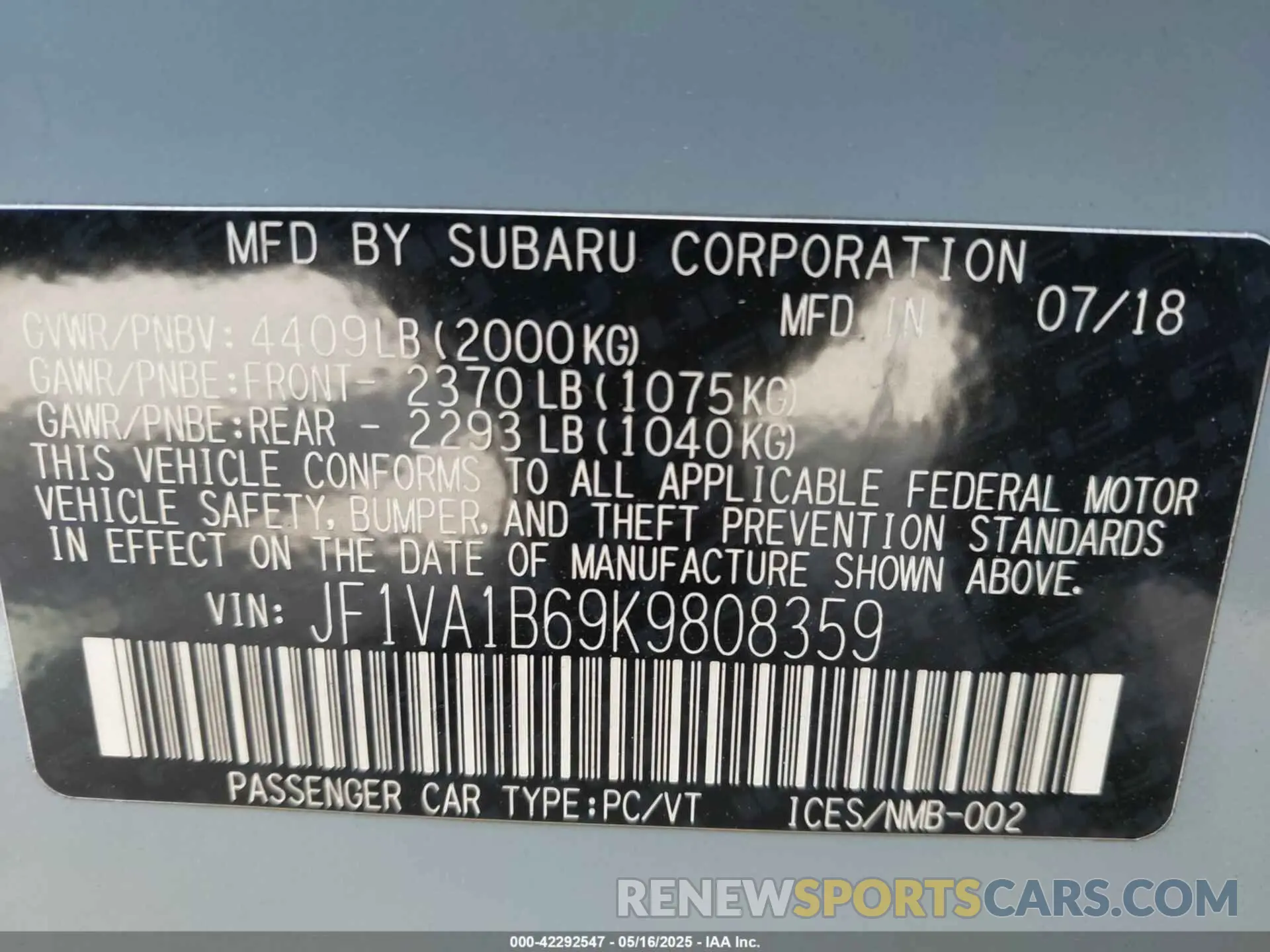 9 Photograph of a damaged car JF1VA1B69K9808359 SUBARU WRX 2019