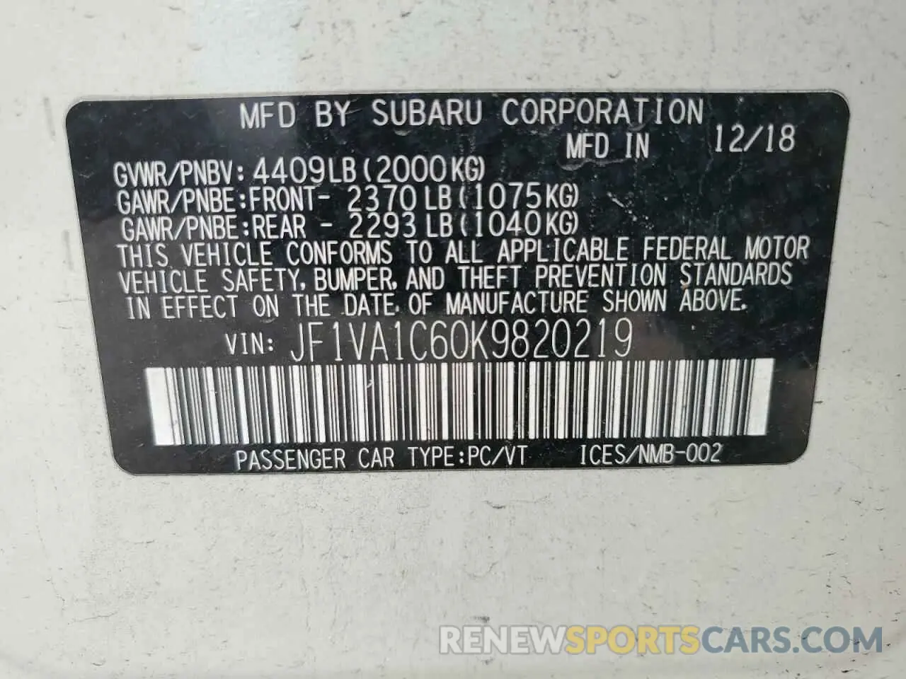12 Photograph of a damaged car JF1VA1C60K9820219 SUBARU WRX 2019