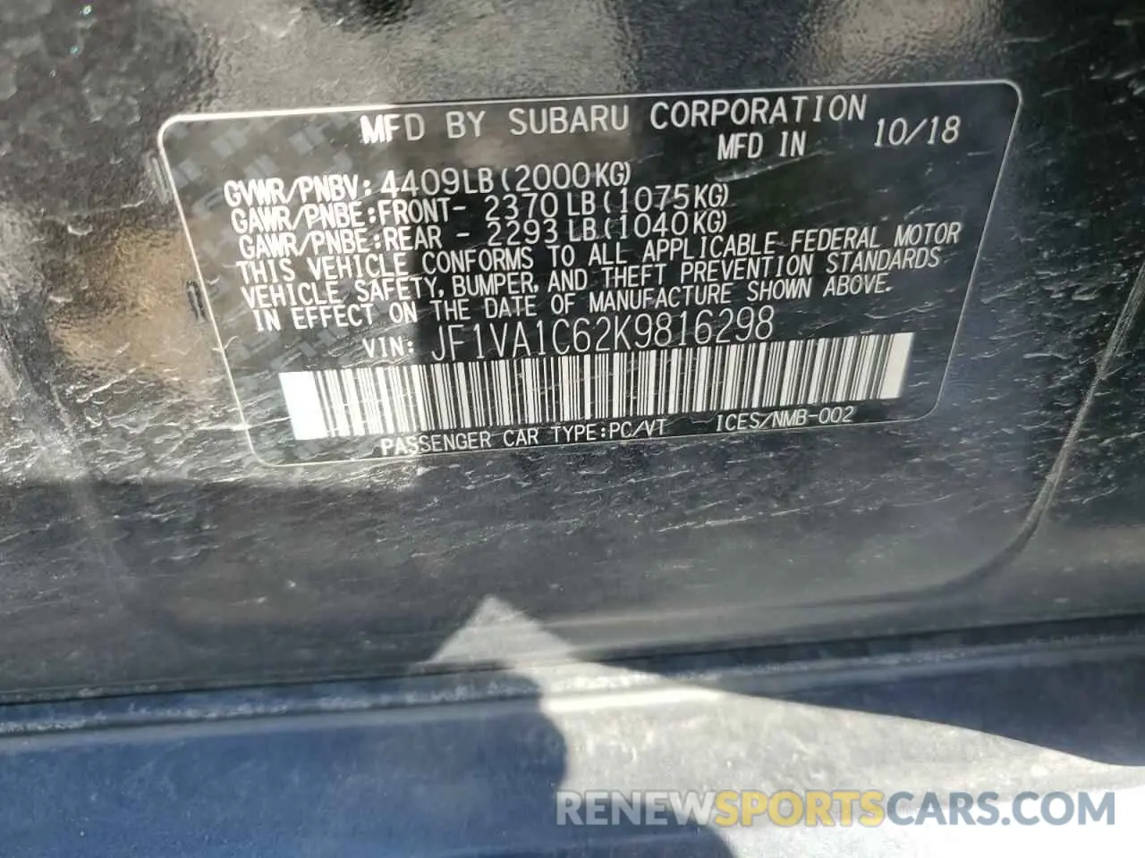 14 Photograph of a damaged car JF1VA1C62K9816298 SUBARU WRX 2019