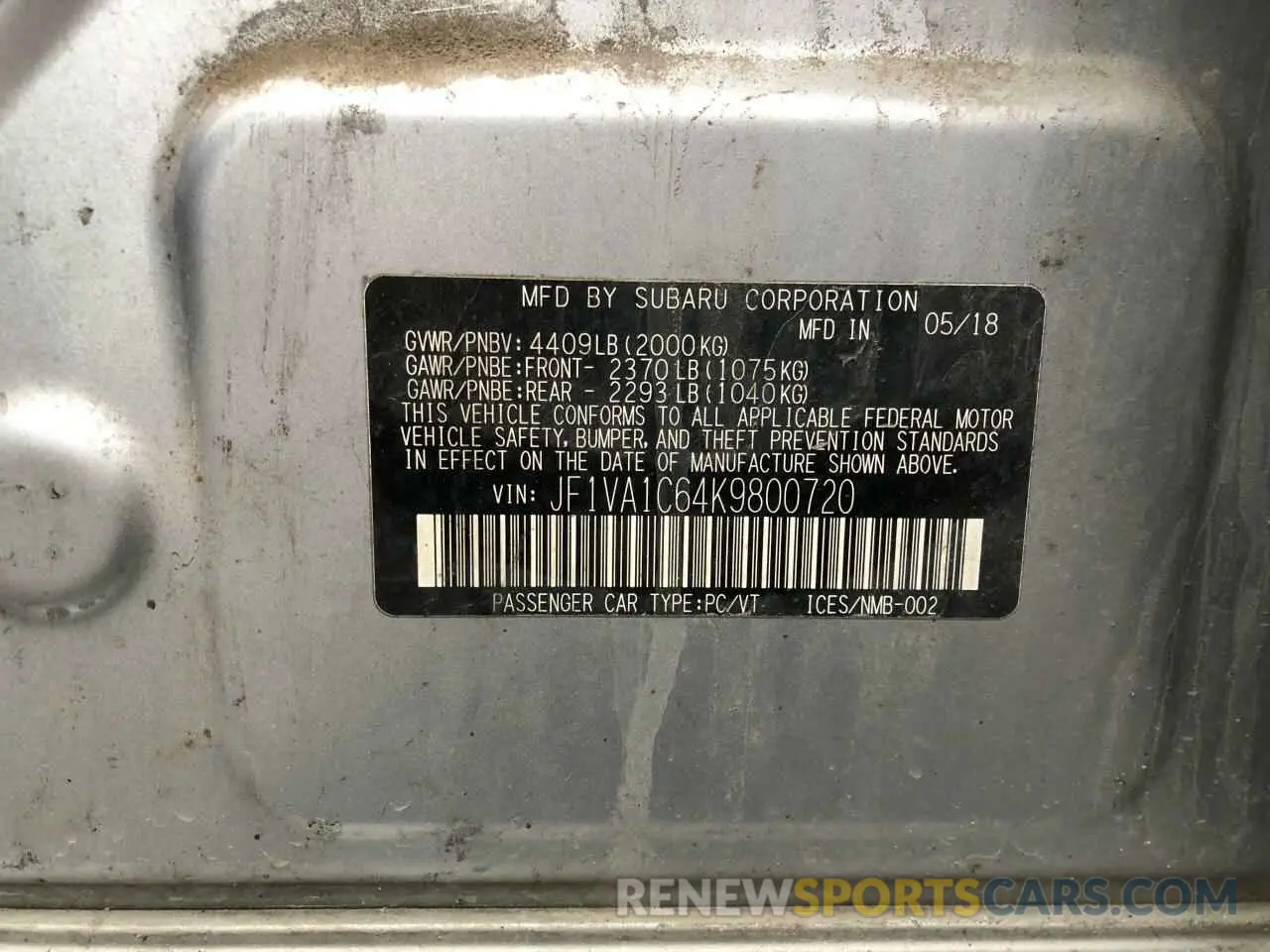10 Photograph of a damaged car JF1VA1C64K9800720 SUBARU WRX 2019