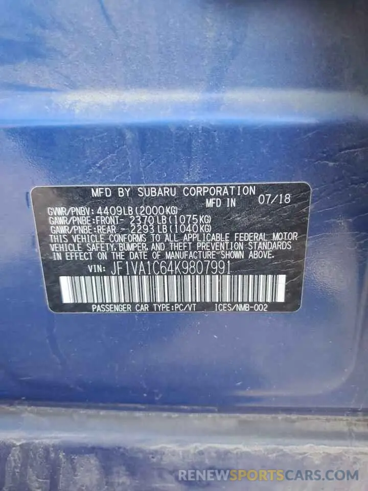 15 Photograph of a damaged car JF1VA1C64K9807991 SUBARU WRX 2019