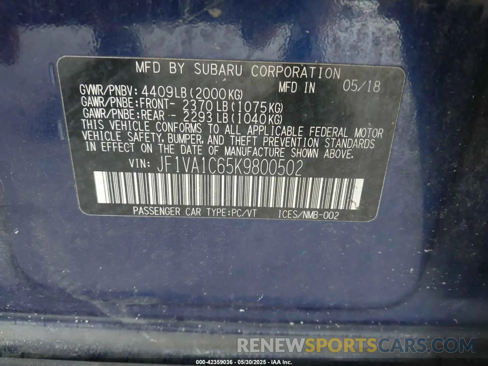 9 Photograph of a damaged car JF1VA1C65K9800502 SUBARU WRX 2019
