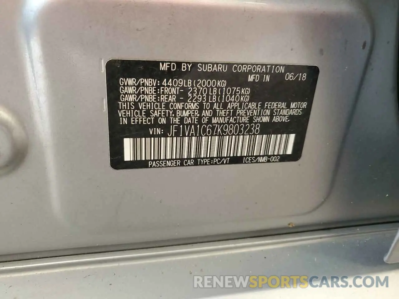 13 Photograph of a damaged car JF1VA1C67K9803238 SUBARU WRX 2019