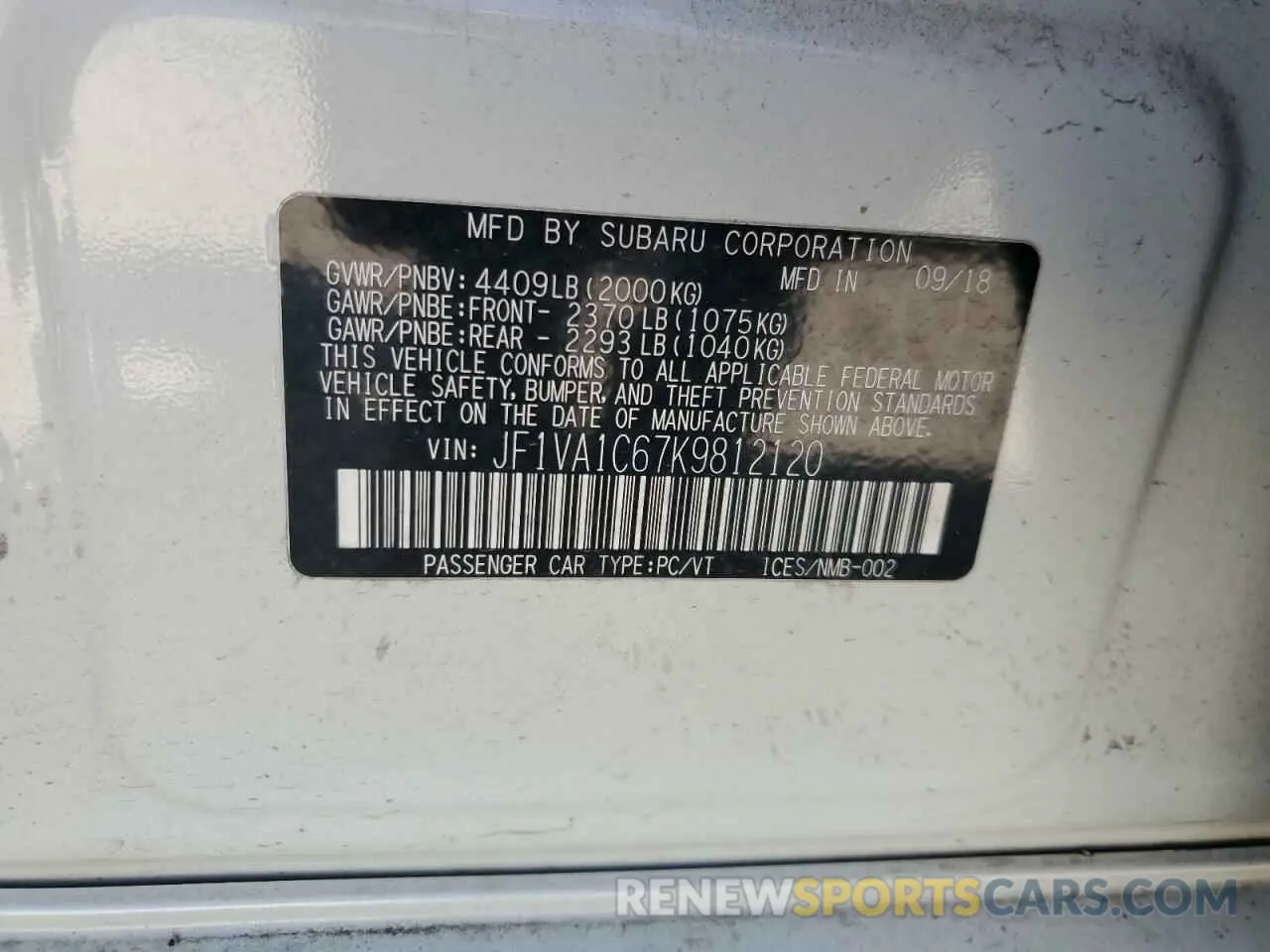 13 Photograph of a damaged car JF1VA1C67K9812120 SUBARU WRX 2019