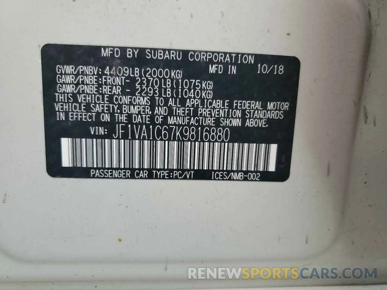 12 Photograph of a damaged car JF1VA1C67K9816880 SUBARU WRX 2019
