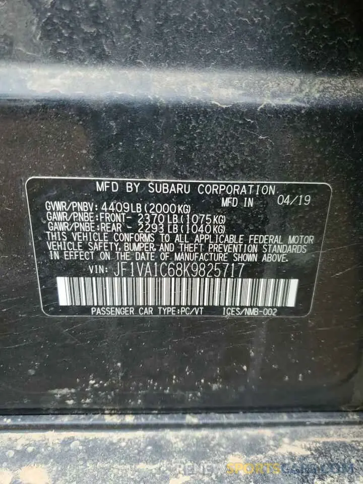 14 Photograph of a damaged car JF1VA1C68K9825717 SUBARU WRX 2019