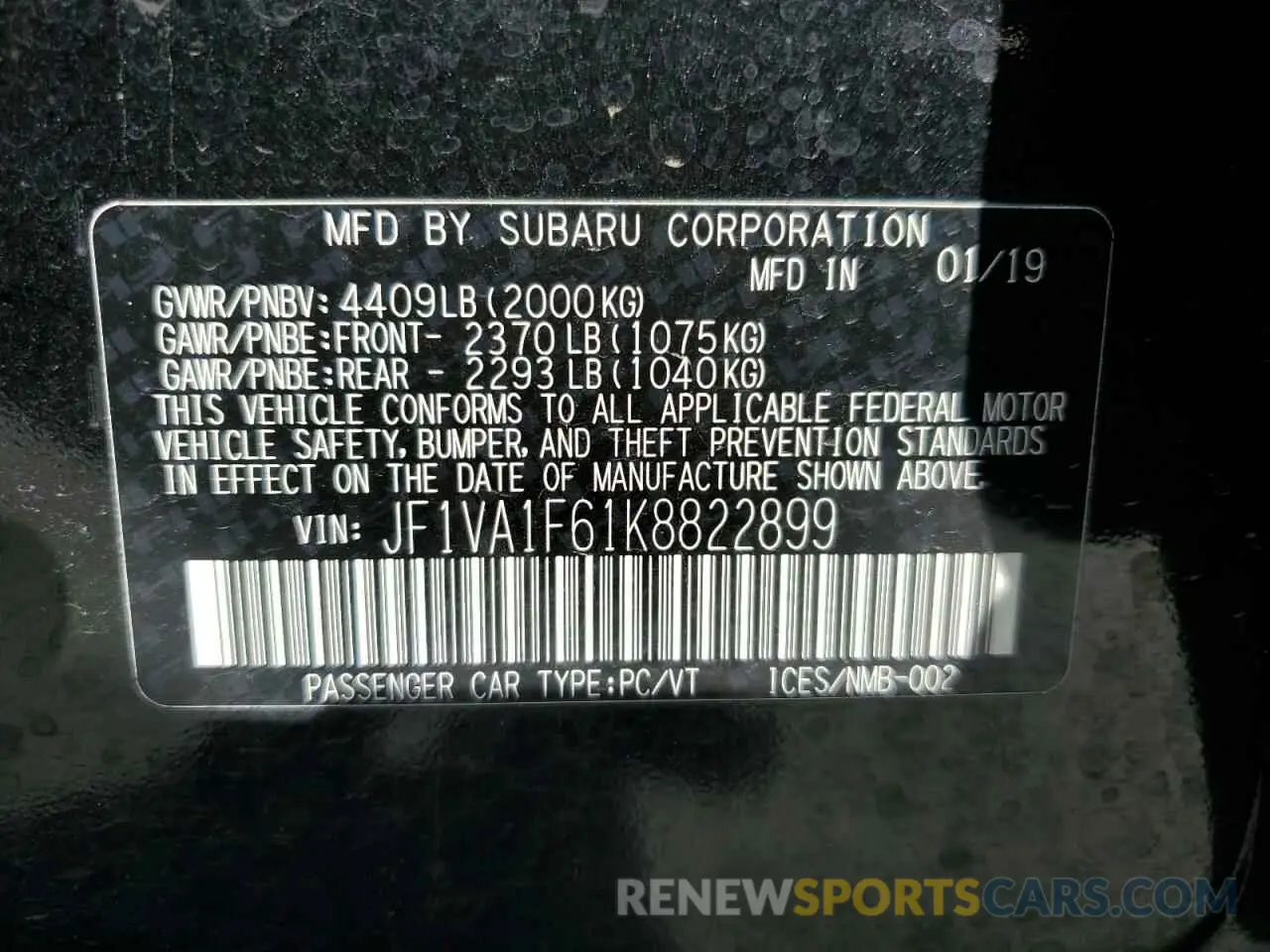 12 Photograph of a damaged car JF1VA1F61K8822899 SUBARU WRX 2019