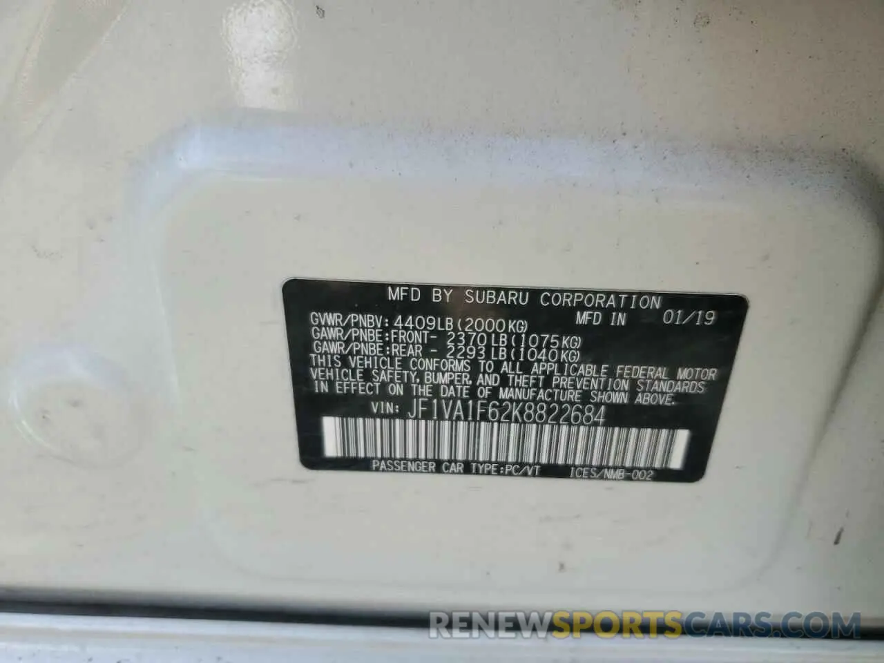 12 Photograph of a damaged car JF1VA1F62K8822684 SUBARU WRX 2019