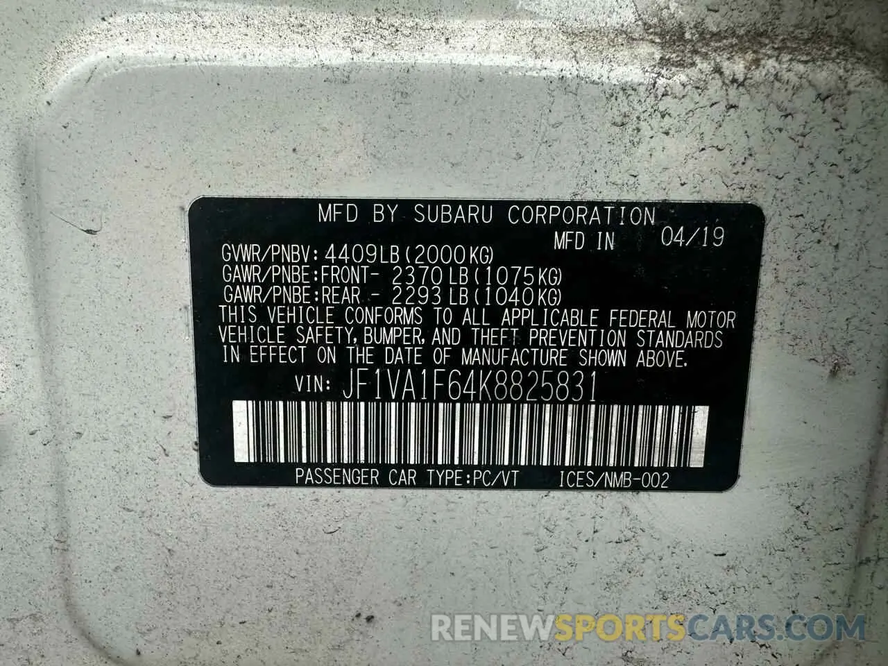 10 Photograph of a damaged car JF1VA1F64K8825831 SUBARU WRX 2019