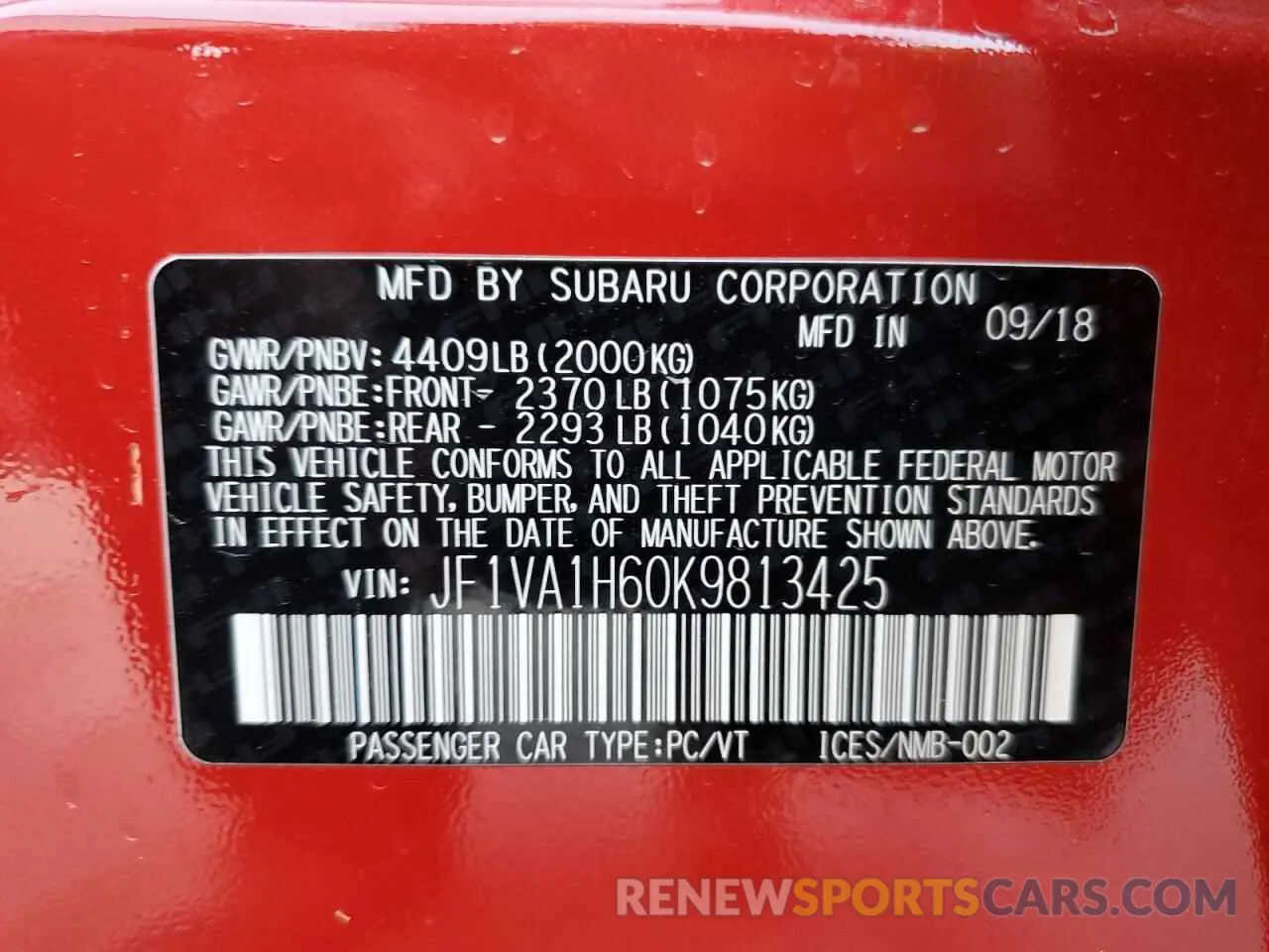 13 Photograph of a damaged car JF1VA1H60K9813425 SUBARU WRX 2019
