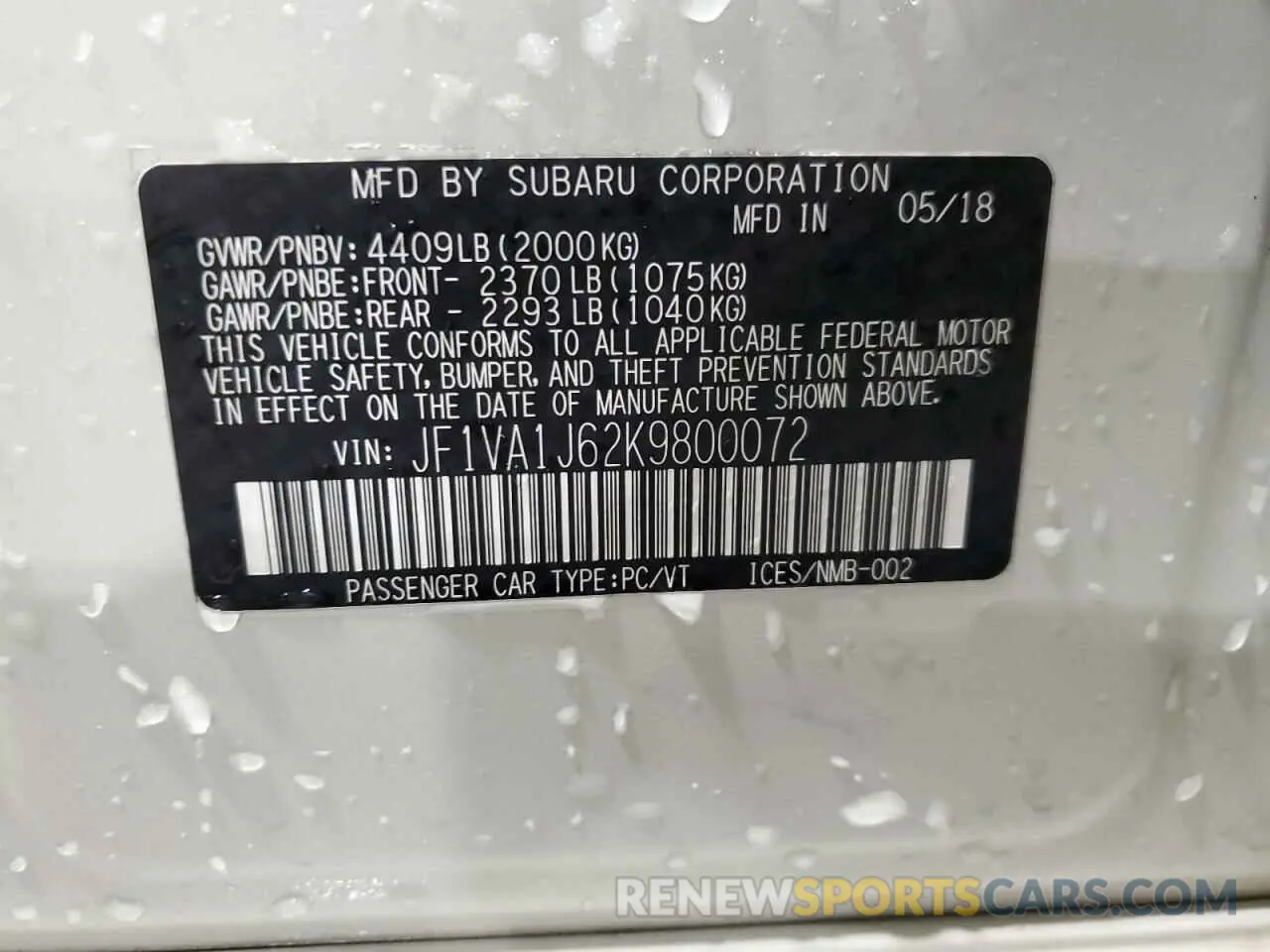 13 Photograph of a damaged car JF1VA1J62K9800072 SUBARU WRX 2019