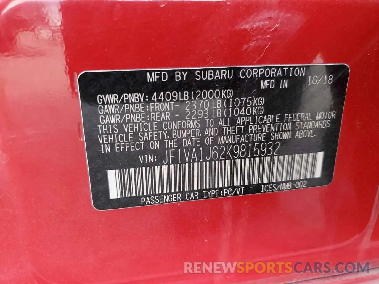 14 Photograph of a damaged car JF1VA1J62K9815932 SUBARU WRX 2019